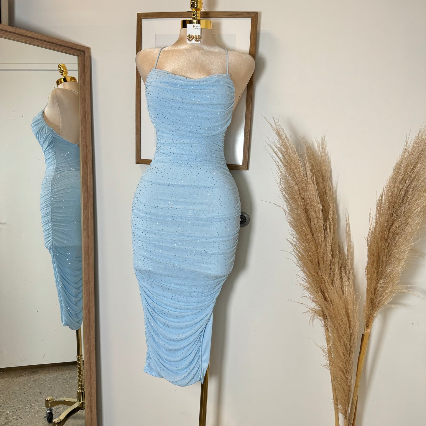 Cielo Rhinestone Midi Dress-Blue