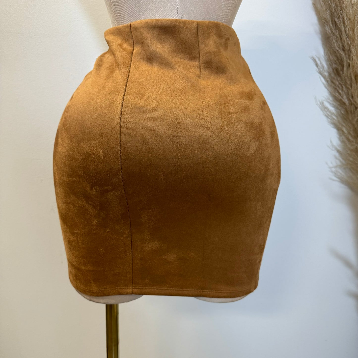 Side Ruched Faux Suede Mini Skirt-Camel