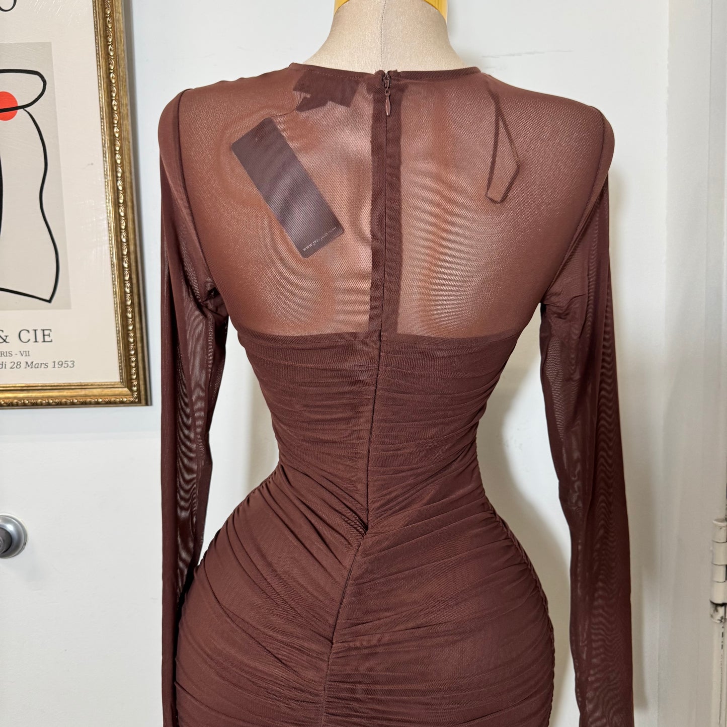 Round Neck Long Sleeve Ruching Midi Dress-Chocolate