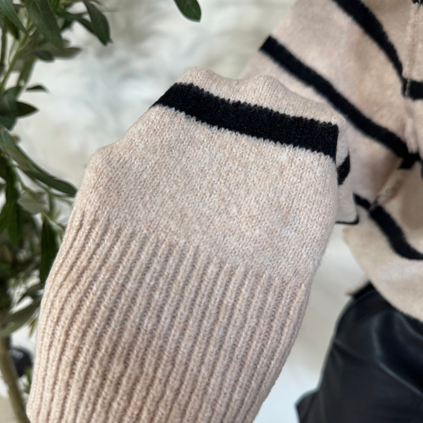 V-Neck Stripes Polo Sweater- Beige