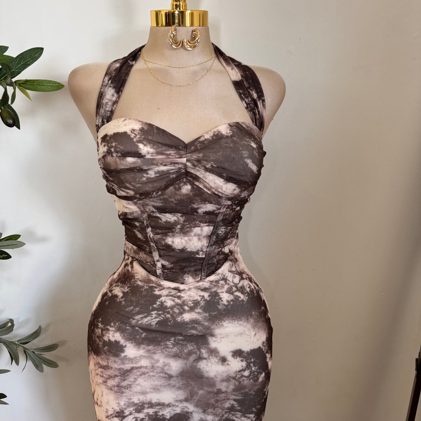 Halter Corset Ruching Midi Dress-Brown