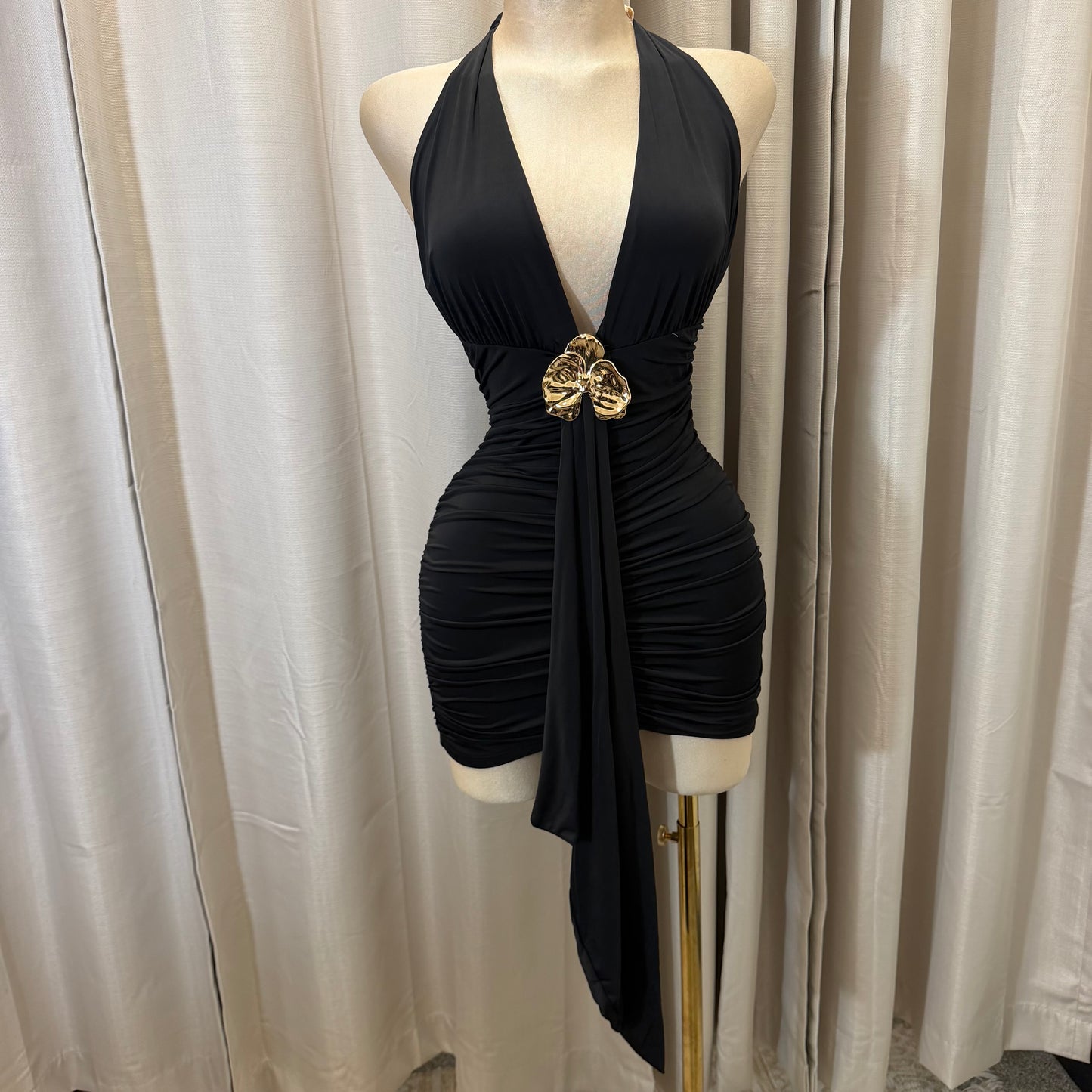 Orchid Halter Ruched front panel Mini Dress-Black