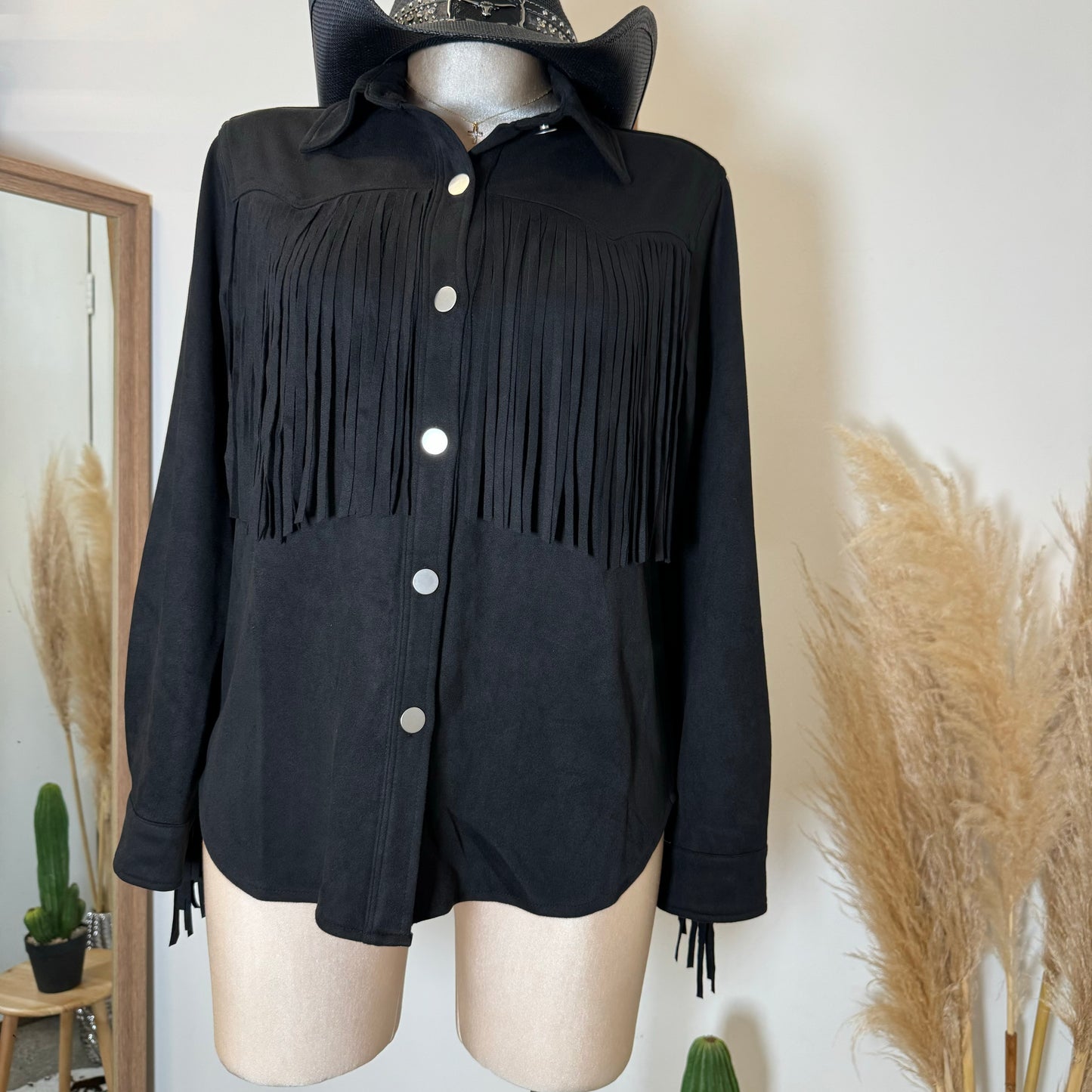 Dime Suede Button Shirt with Fringe-Black