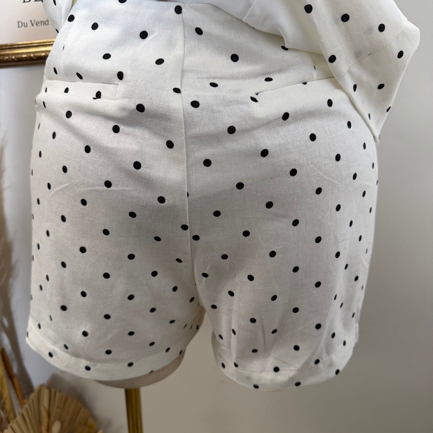 Polka Dot Linen Top w/ Gold Buttons shorts set-White