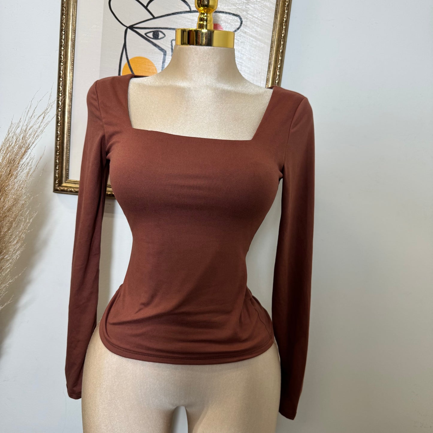 Square Neck Long Sleeve Double Layered Top-Brown