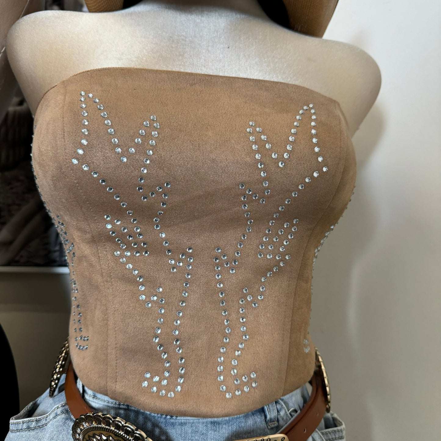 Western Style Rhinestone Tube Top-Tan