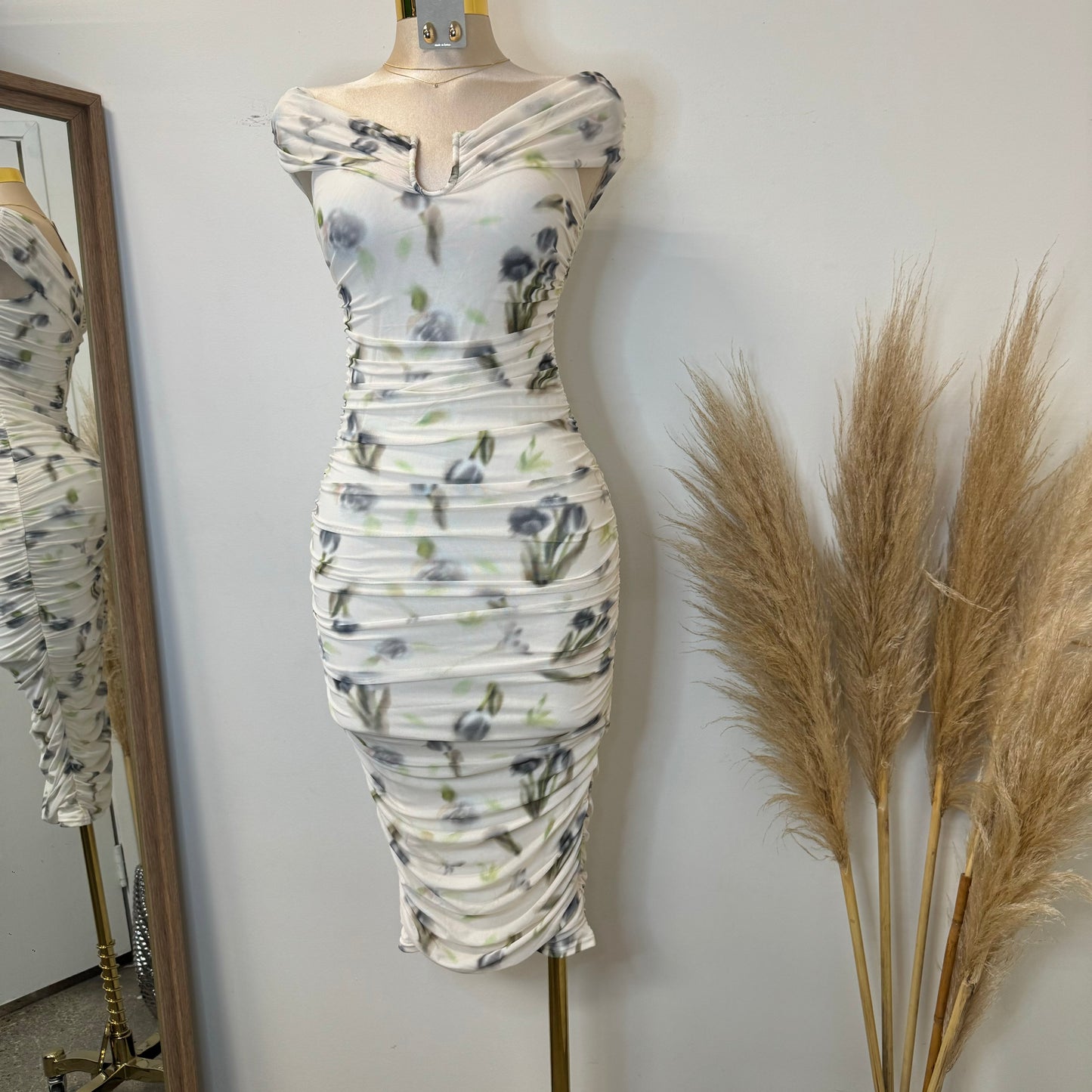 Spring Off shoulder Dress-Cream Multi