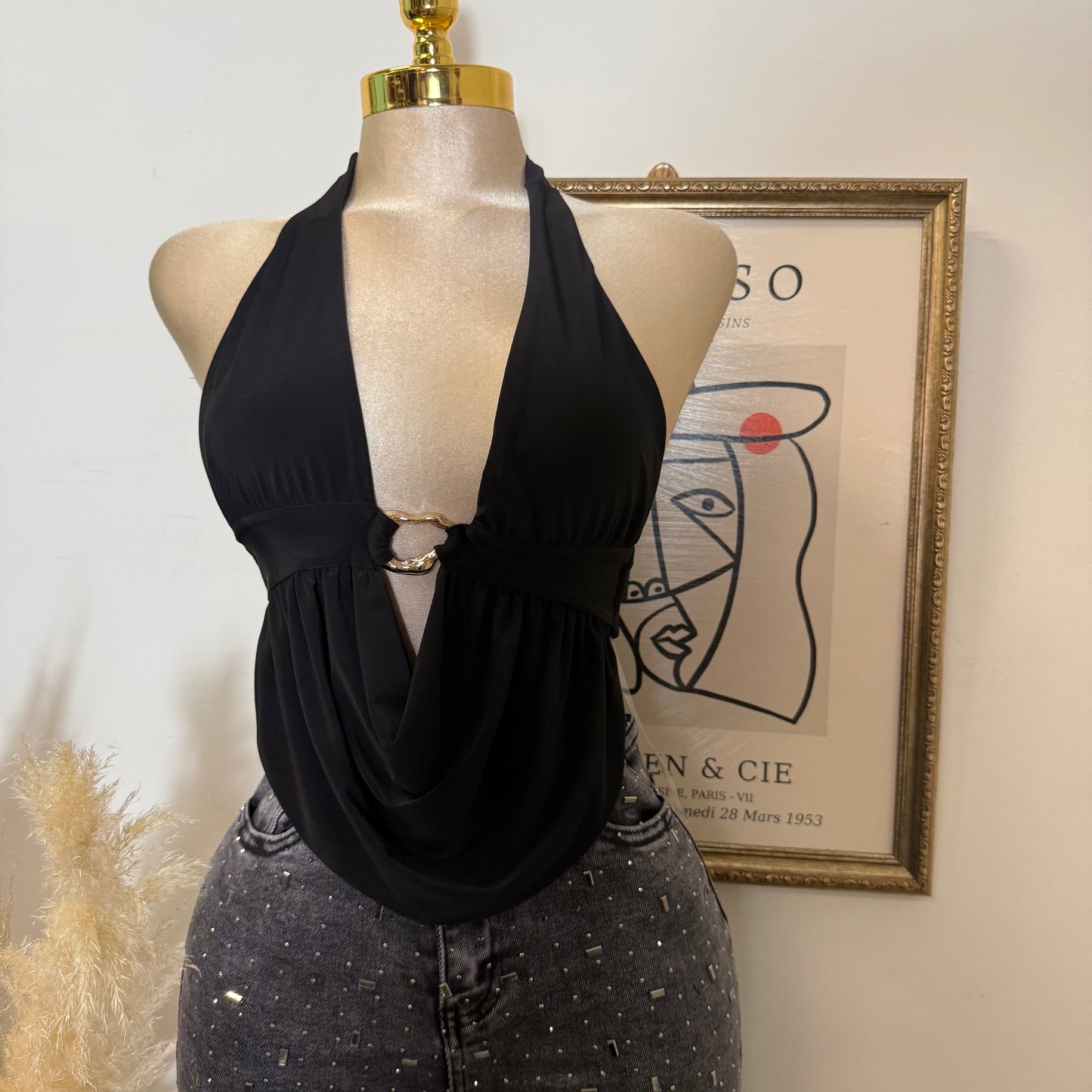 Halter cowl Neck Open Back Top-Black