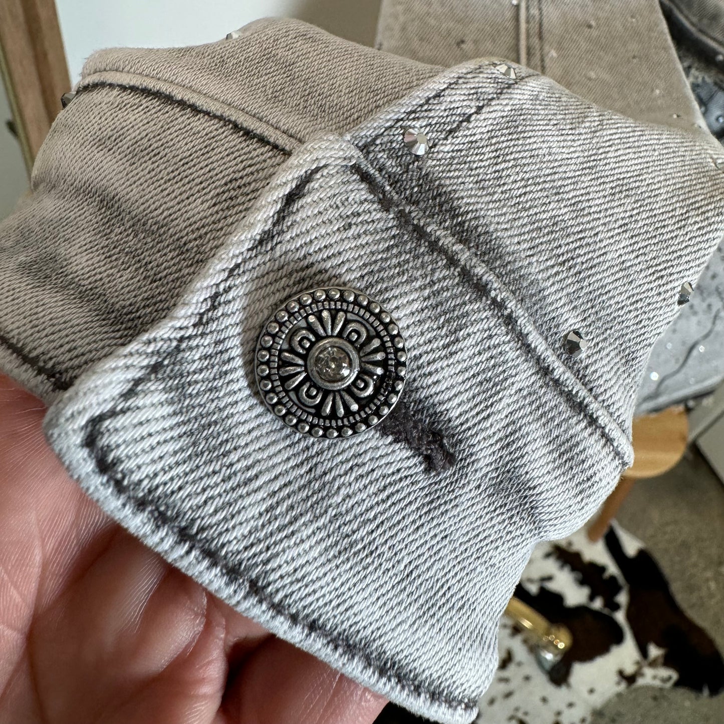 All Rhinestone Denim Jacket -Gray