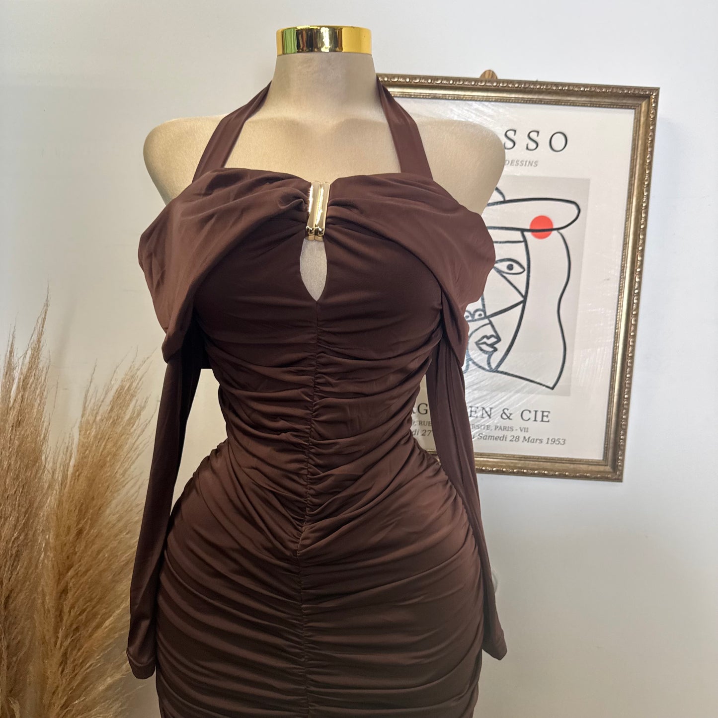 Off shoulder Long Sleeve Halter Midi Dress-Brown