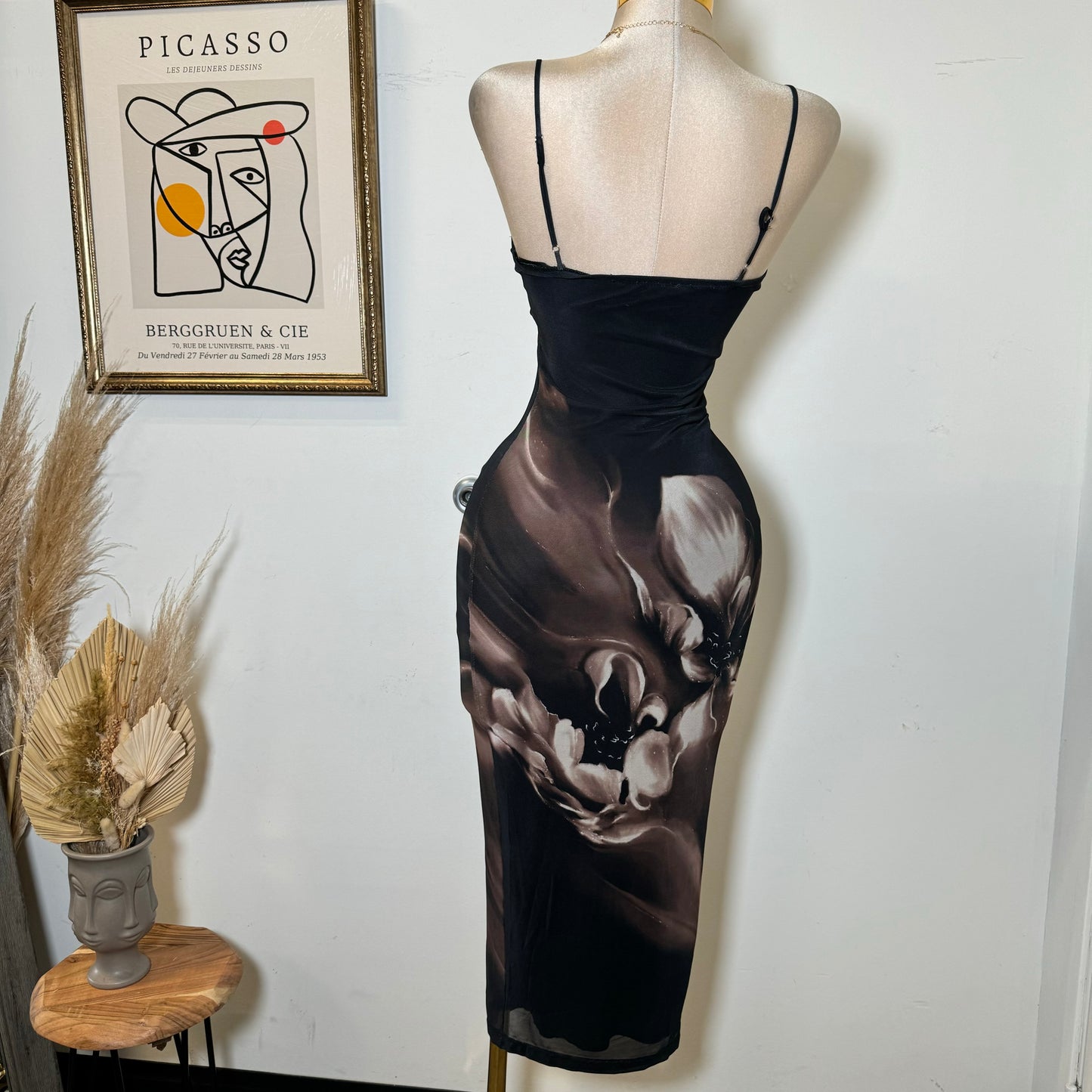 Alivis Mesh Spaghetti Dress-Black/Brown