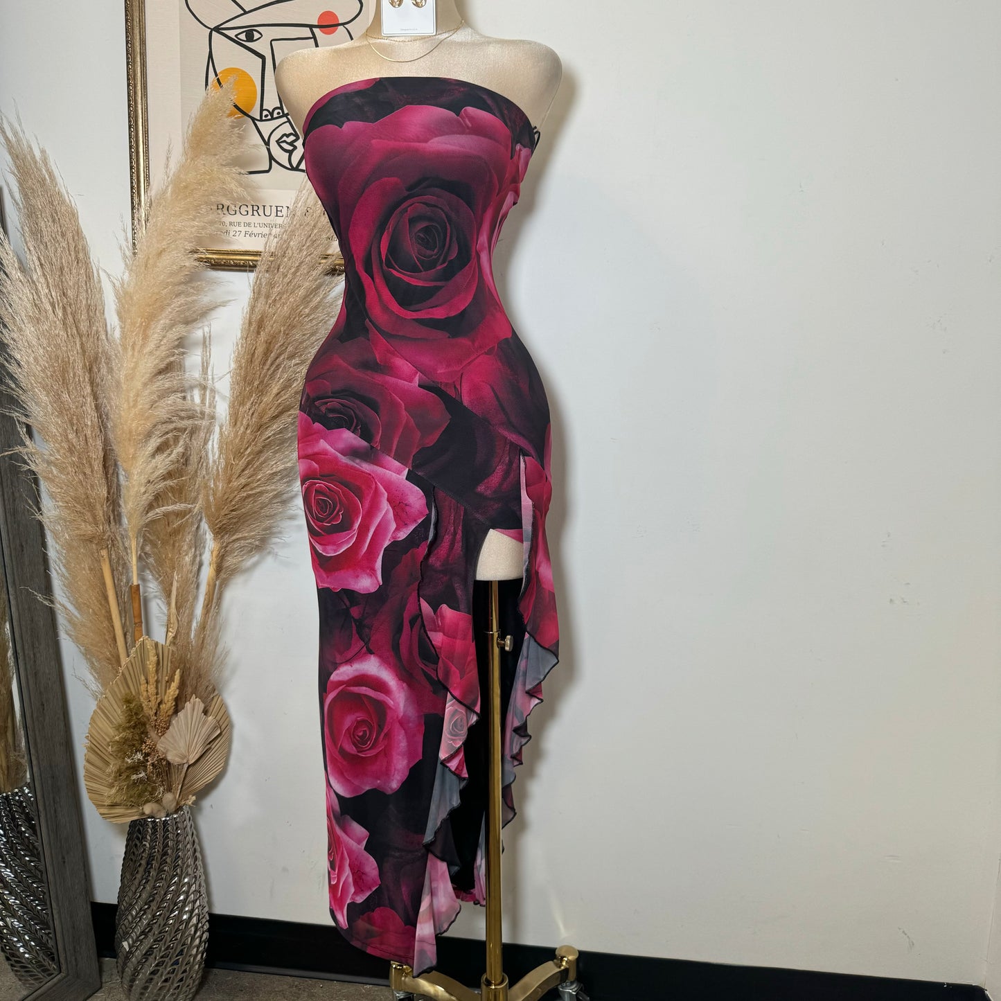 Rose Ruffle Open Slit Dress-Pink