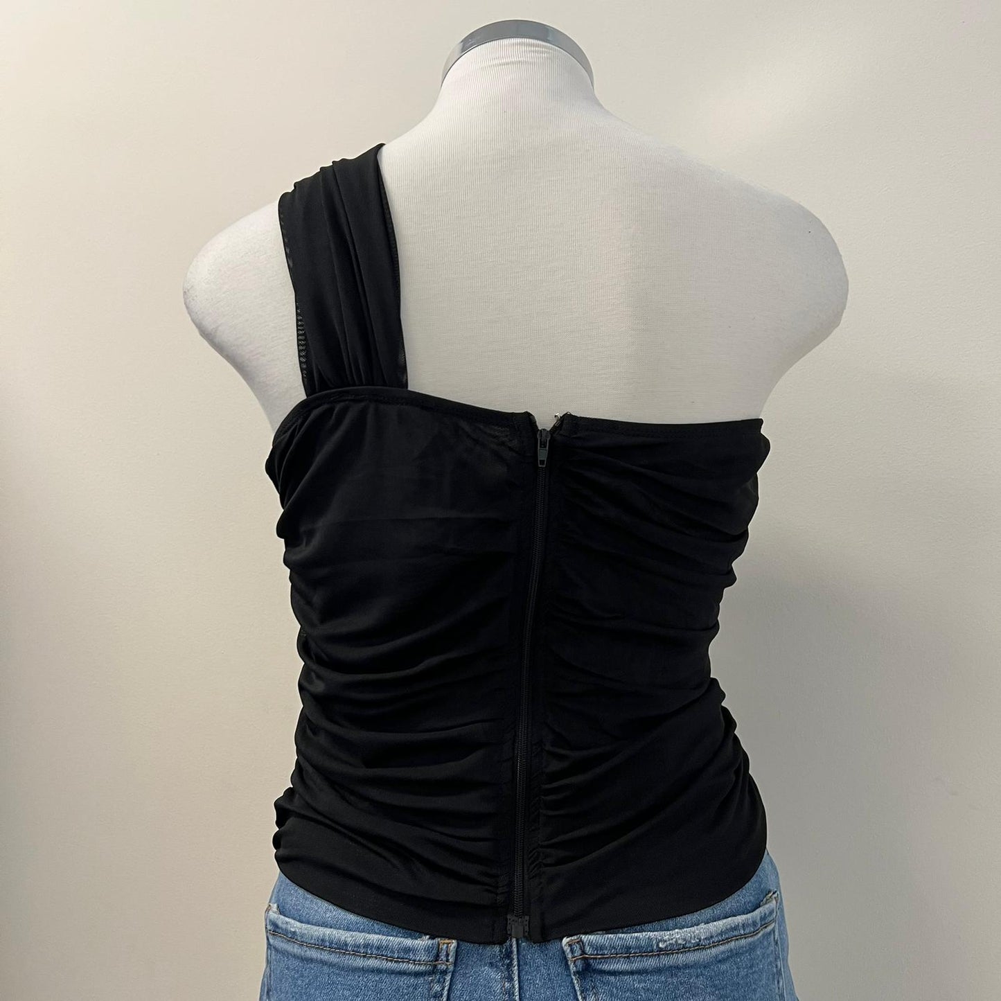 Nany One shoulder Mesh Top -Black