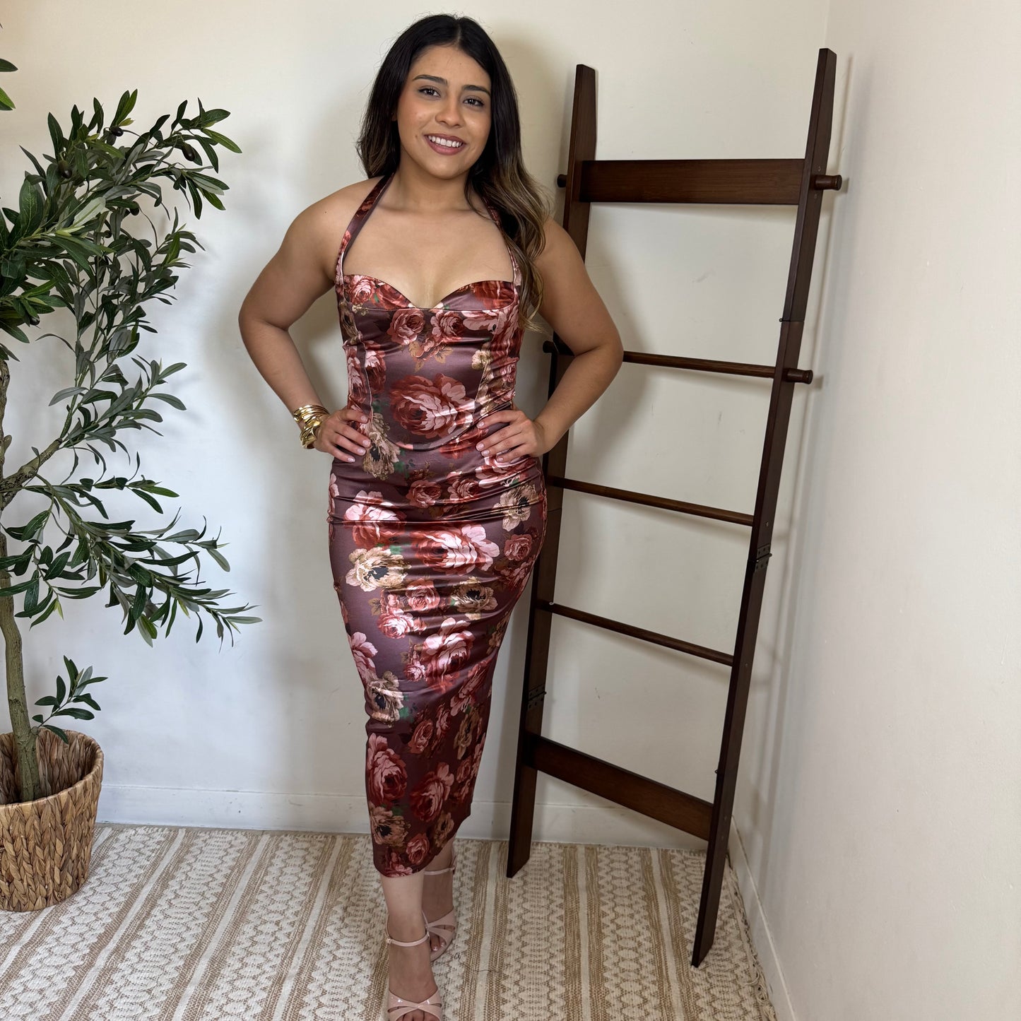 Peekaboo halter Neck Midi Dress-Brown