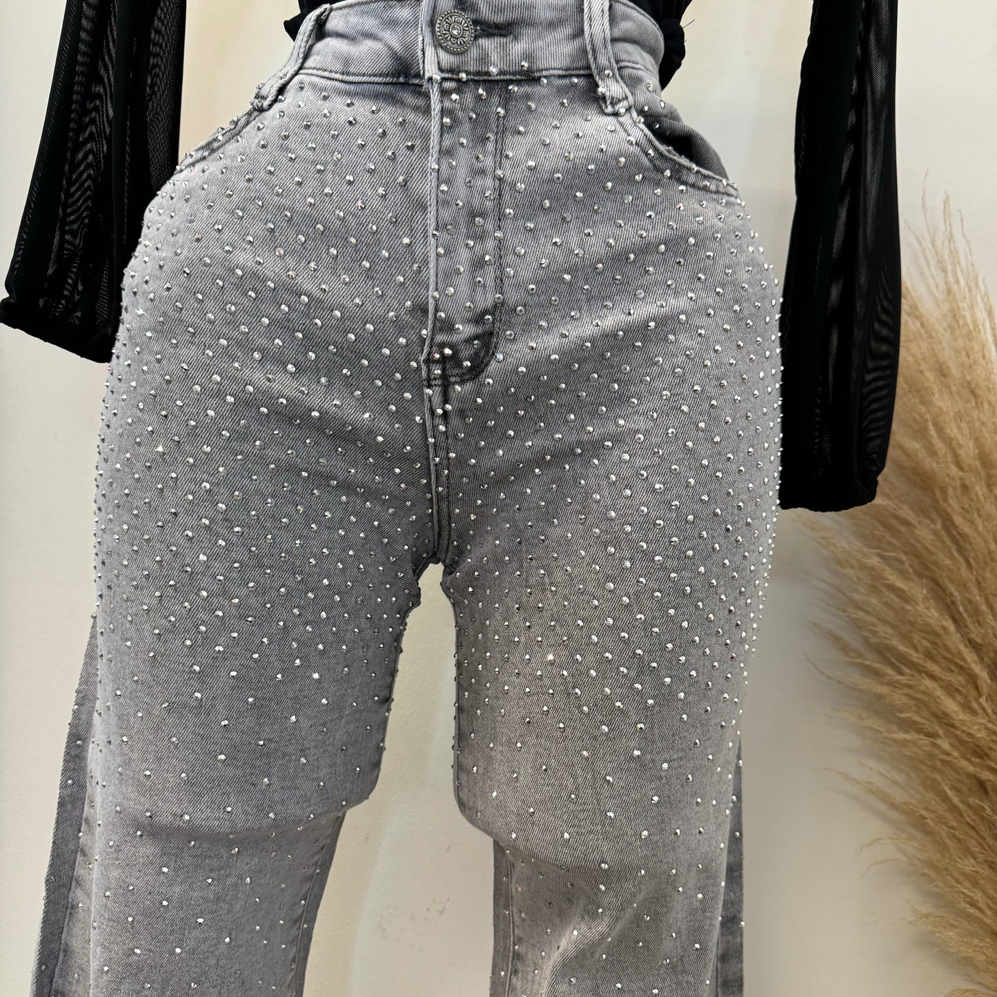All Rhinestone Pants-Gray
