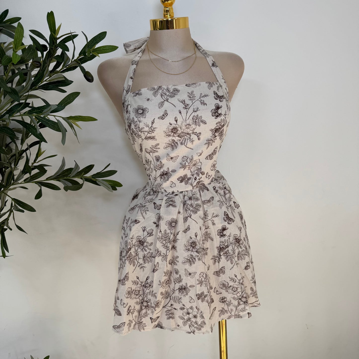 Halter Ballon Dress-Cream/Brown