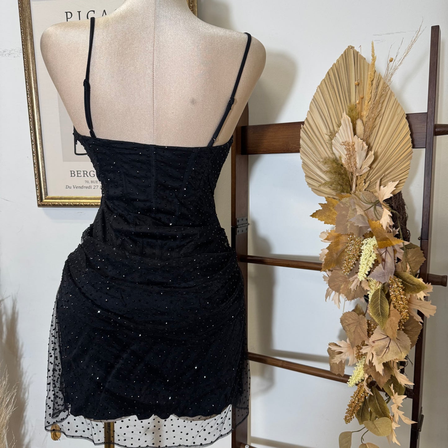 Rhinestone On Overlay Mesh Mini Dress SweetHeart Neckline Adjustable spaghetti Shoulder-Black