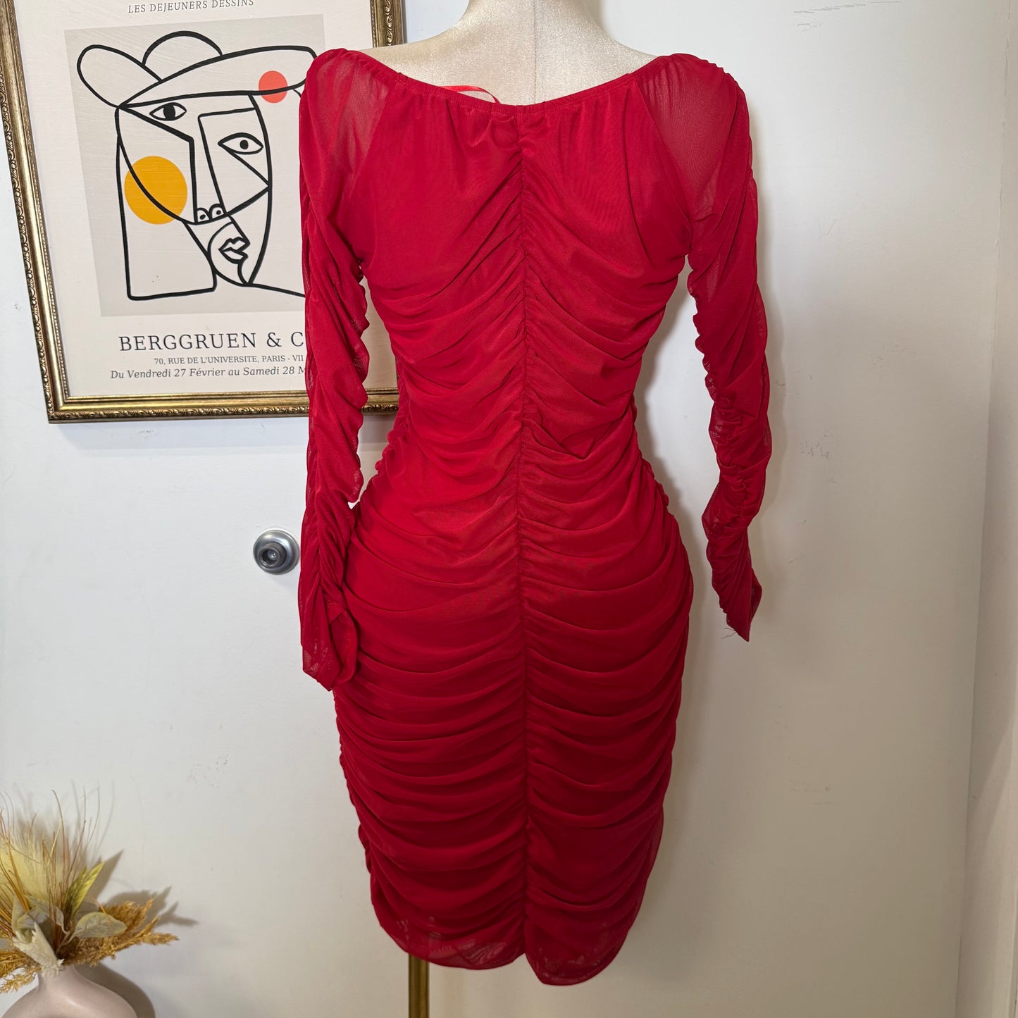 Ruched Off Shoulder Mesh Dress-Red