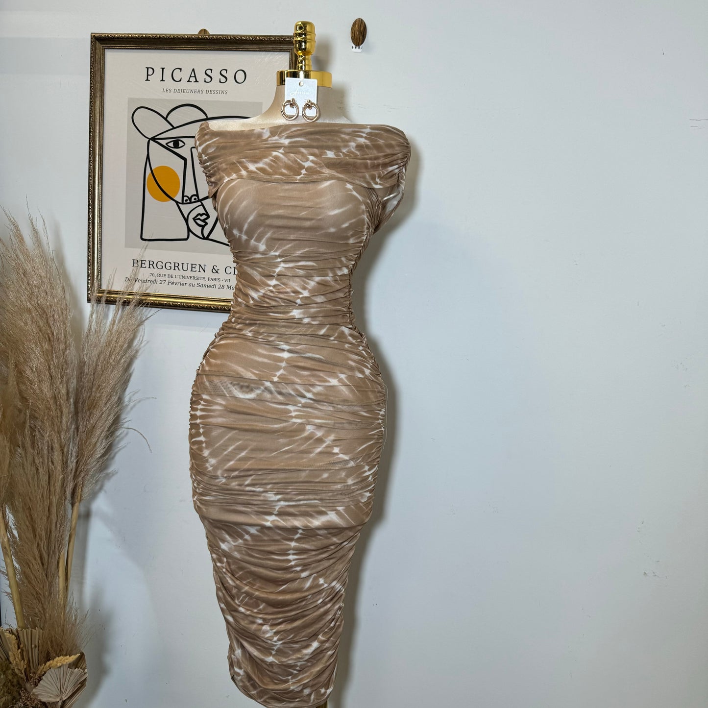 Off Shoulder Mesh Dress-Brown