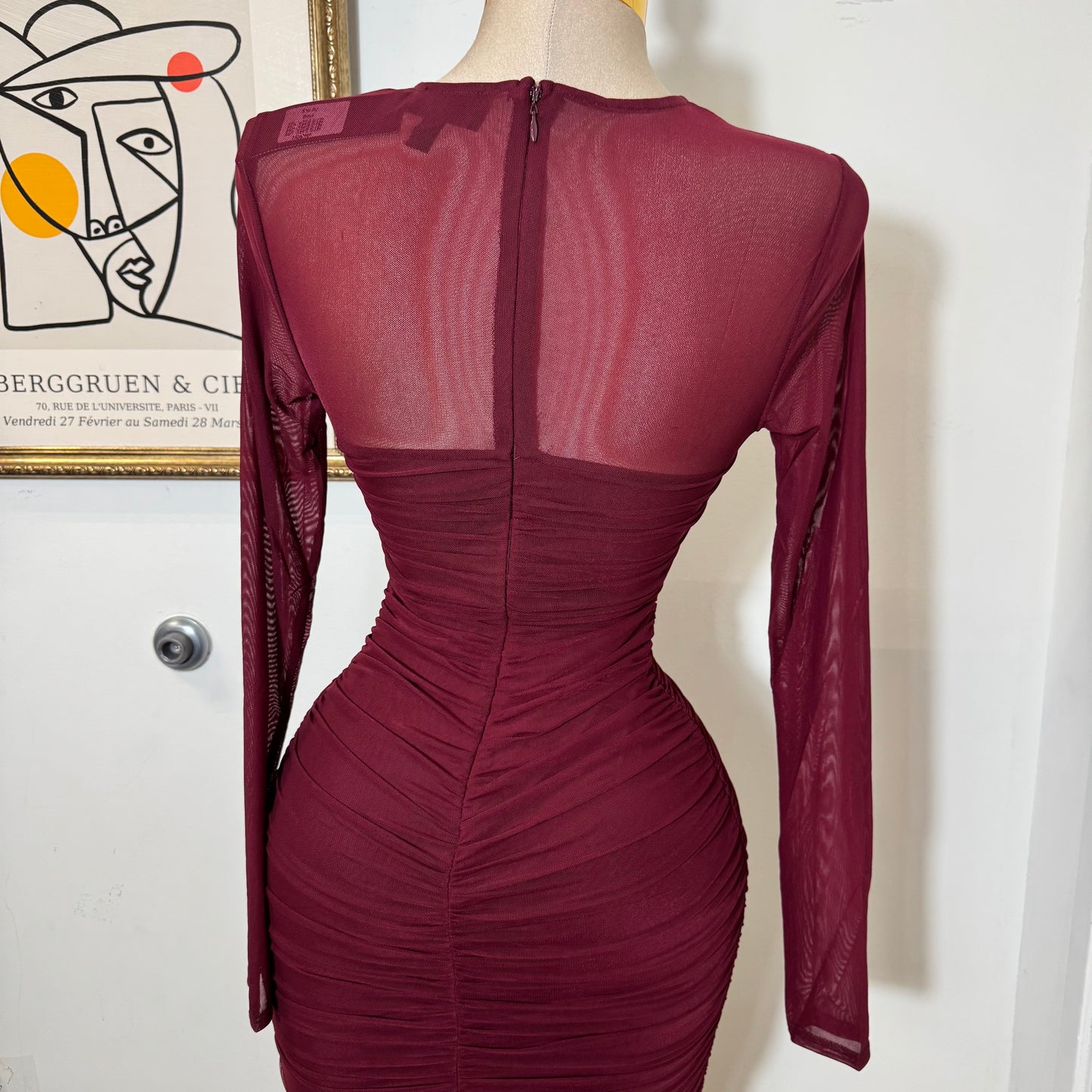 Round Neck Long Sleeve Ruching Midi Dress-Dk Cherry