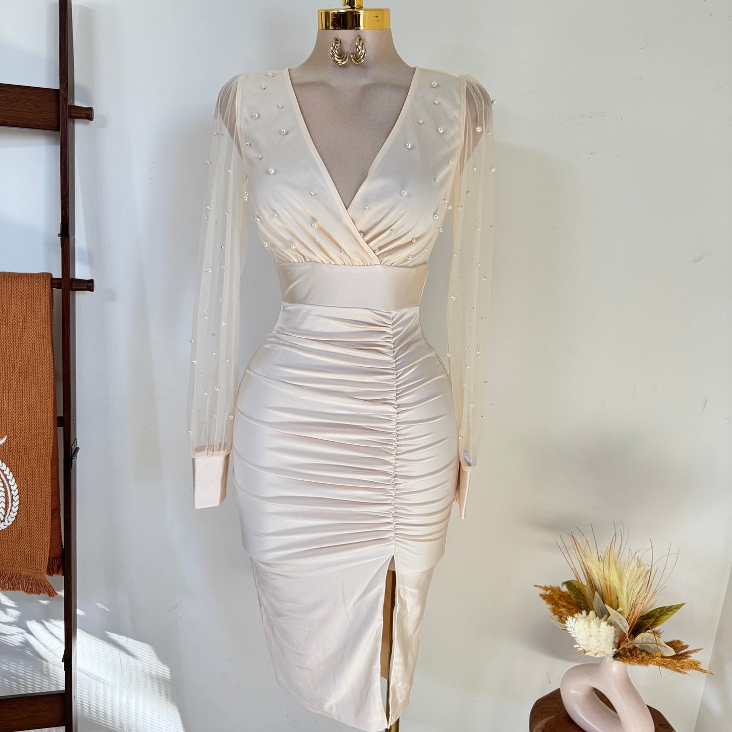 Pearl Beaded Mesh Power Satin Midi Dress-Cream