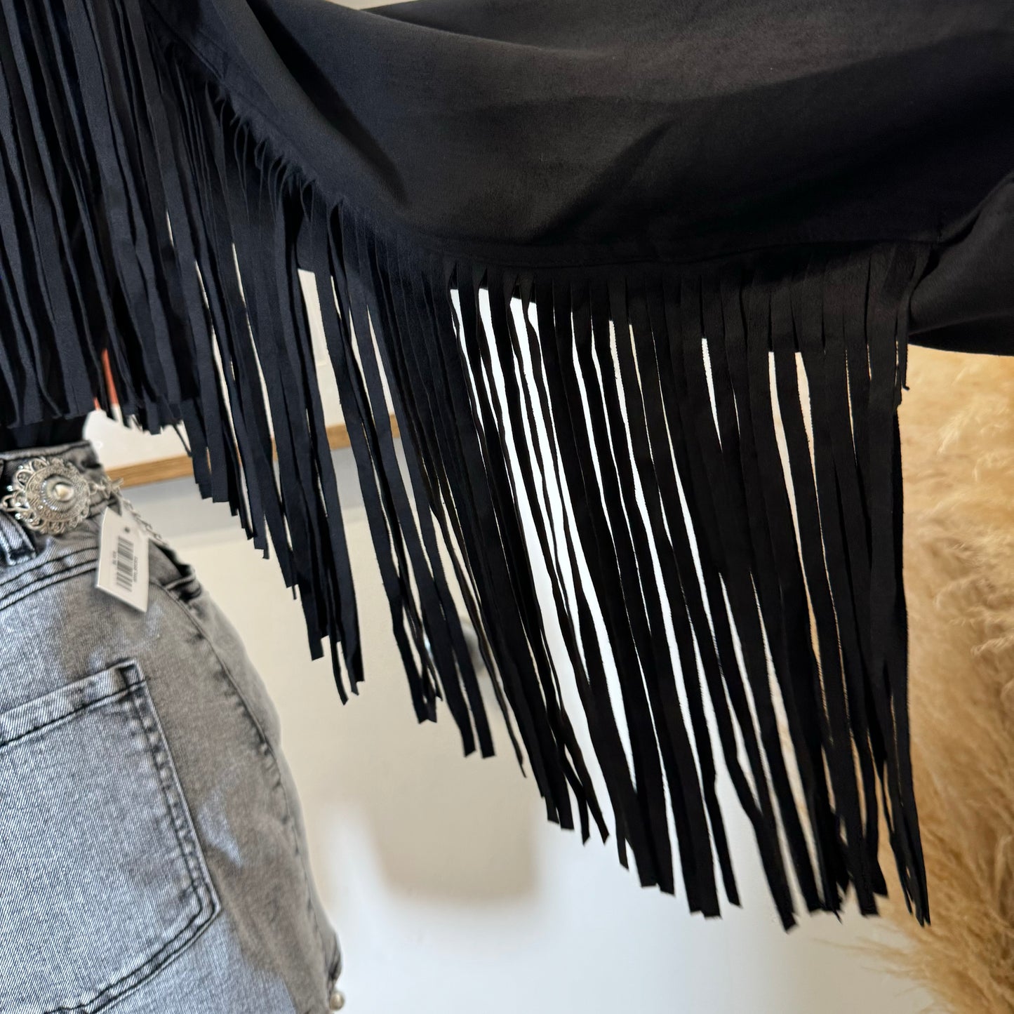 Dime Suede Button Shirt with Fringe-Black