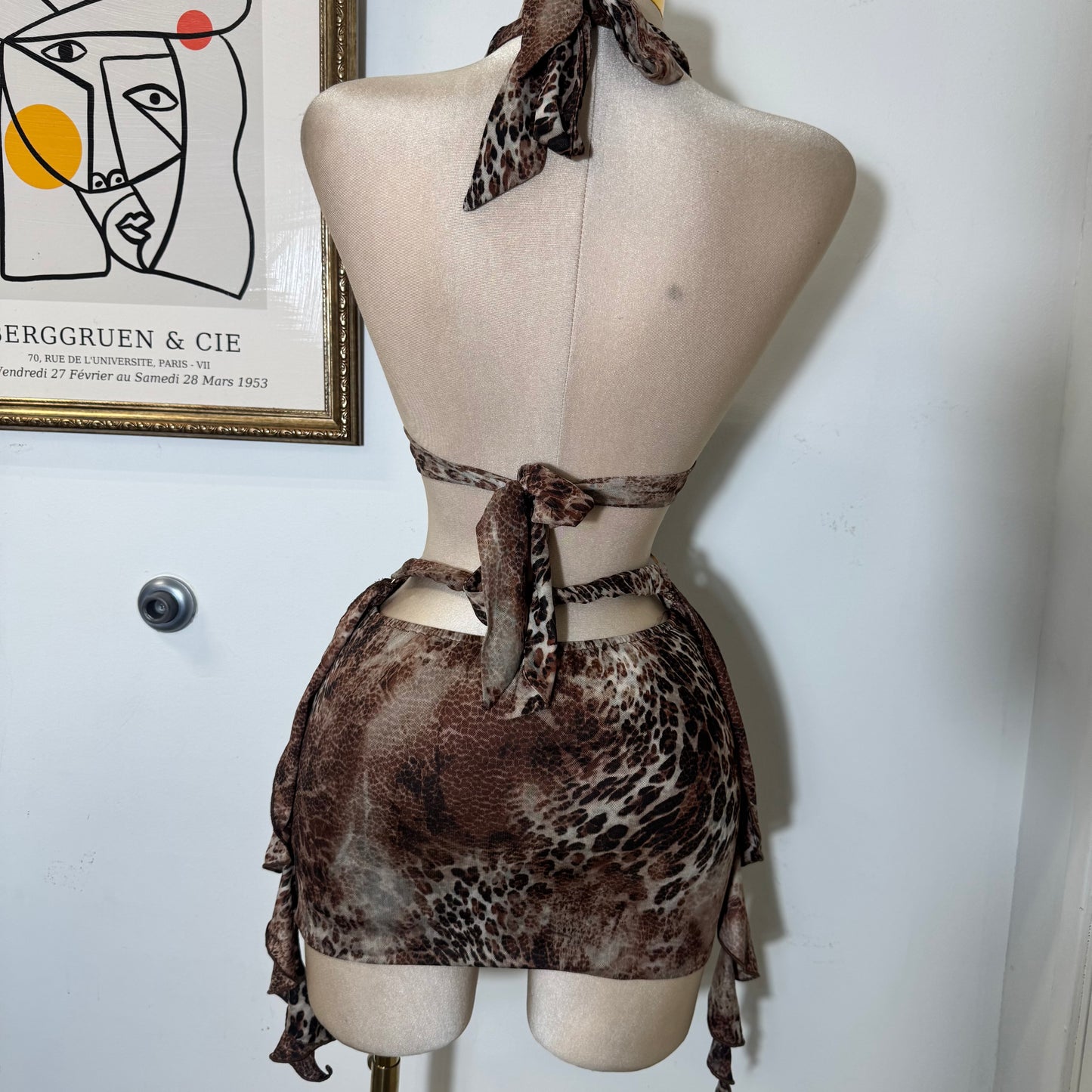 Sleeveless Halter Animal Print Mini Dress-Brown
