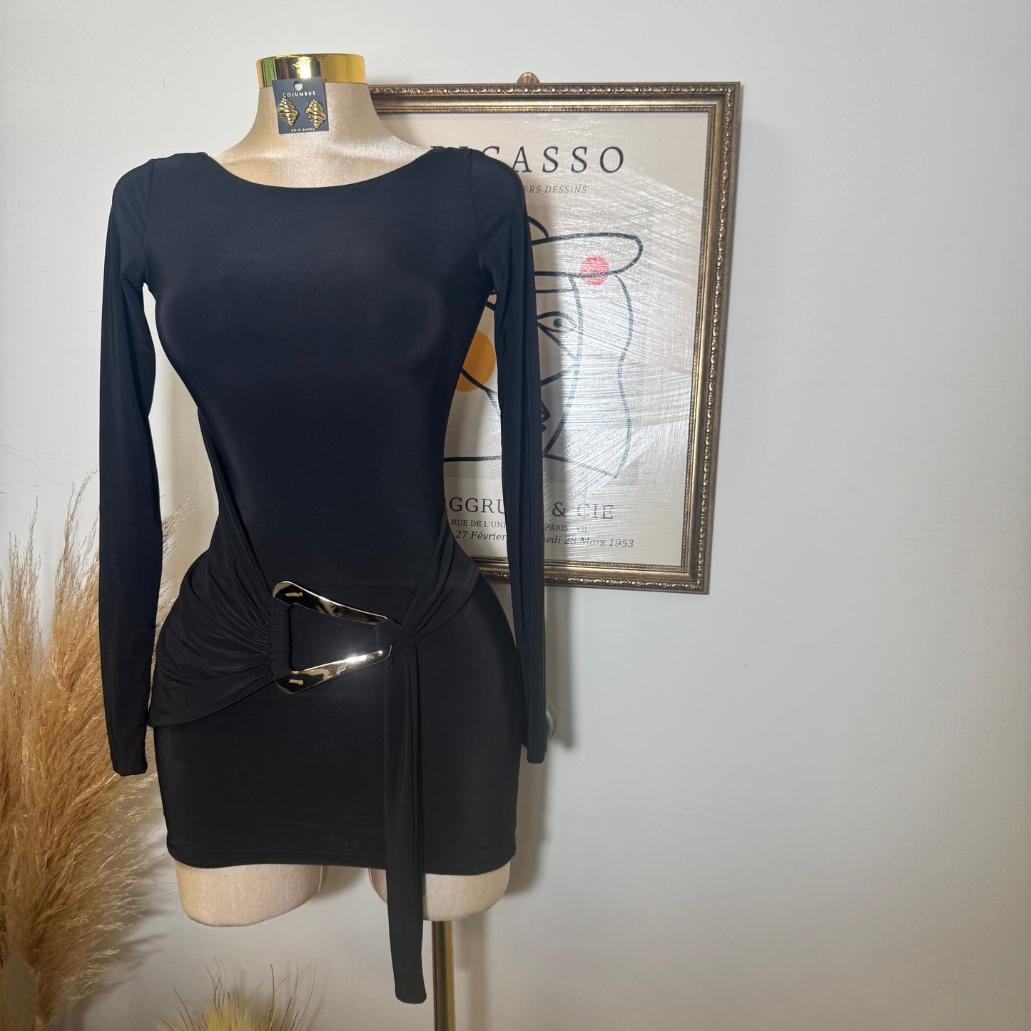Long sleeve Drape Mini Dress-Black