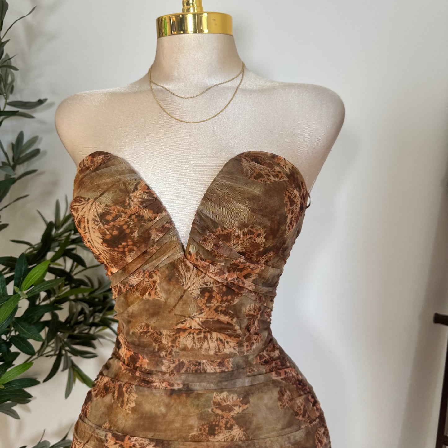 Mesh Print Wire Inset Tube Back Slit Ruching Midi Dress-Brown