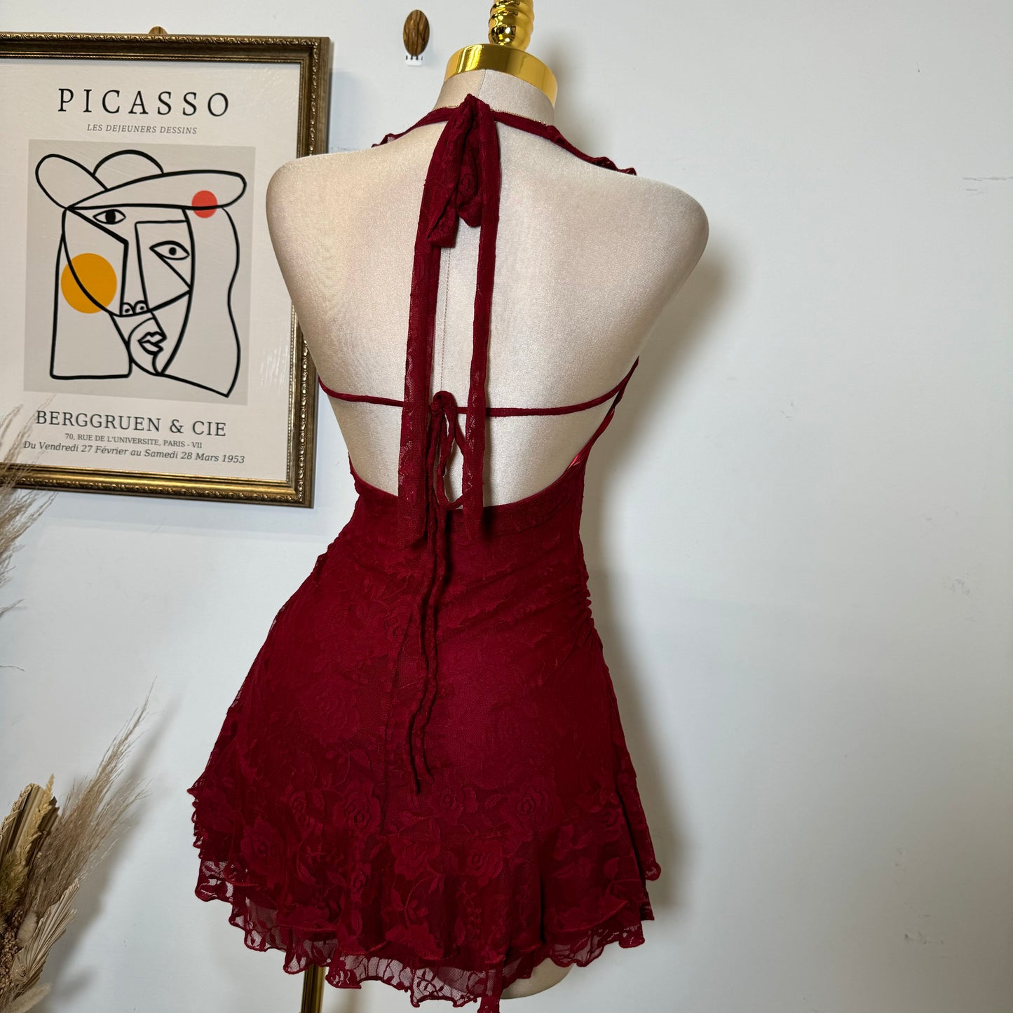 Amy Lace Halter Dress-Burgundy