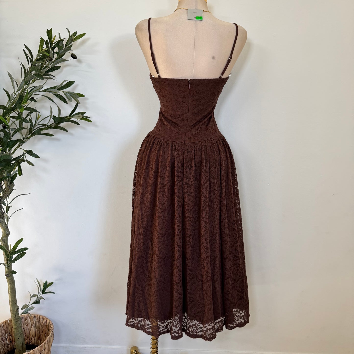 Lace Midi Flare Dress-Brown