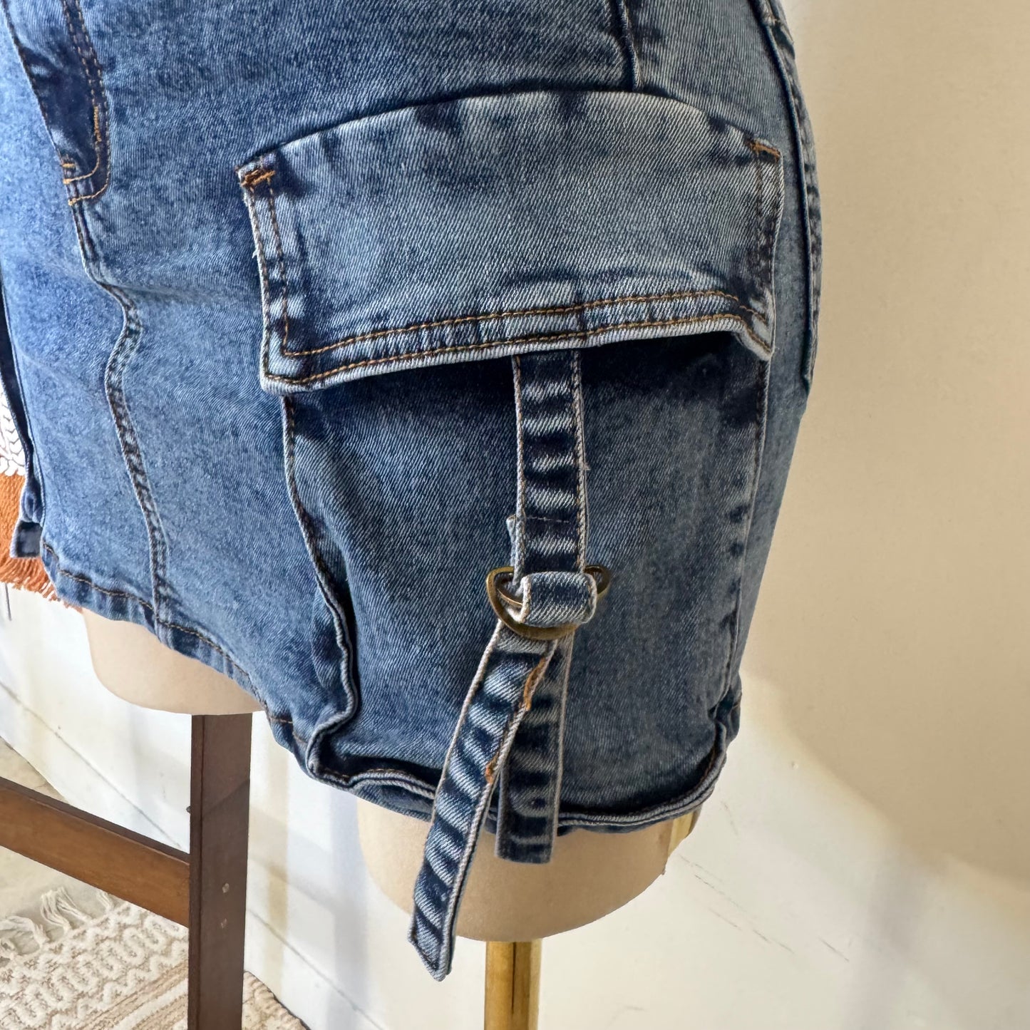 Cargo Denim Mini Skirt-Denim
