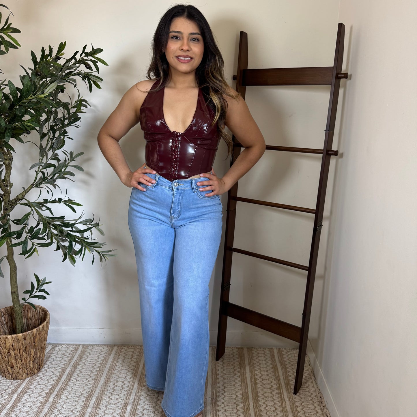 Shiny Stretch Pleather Halter Top-Burgundy