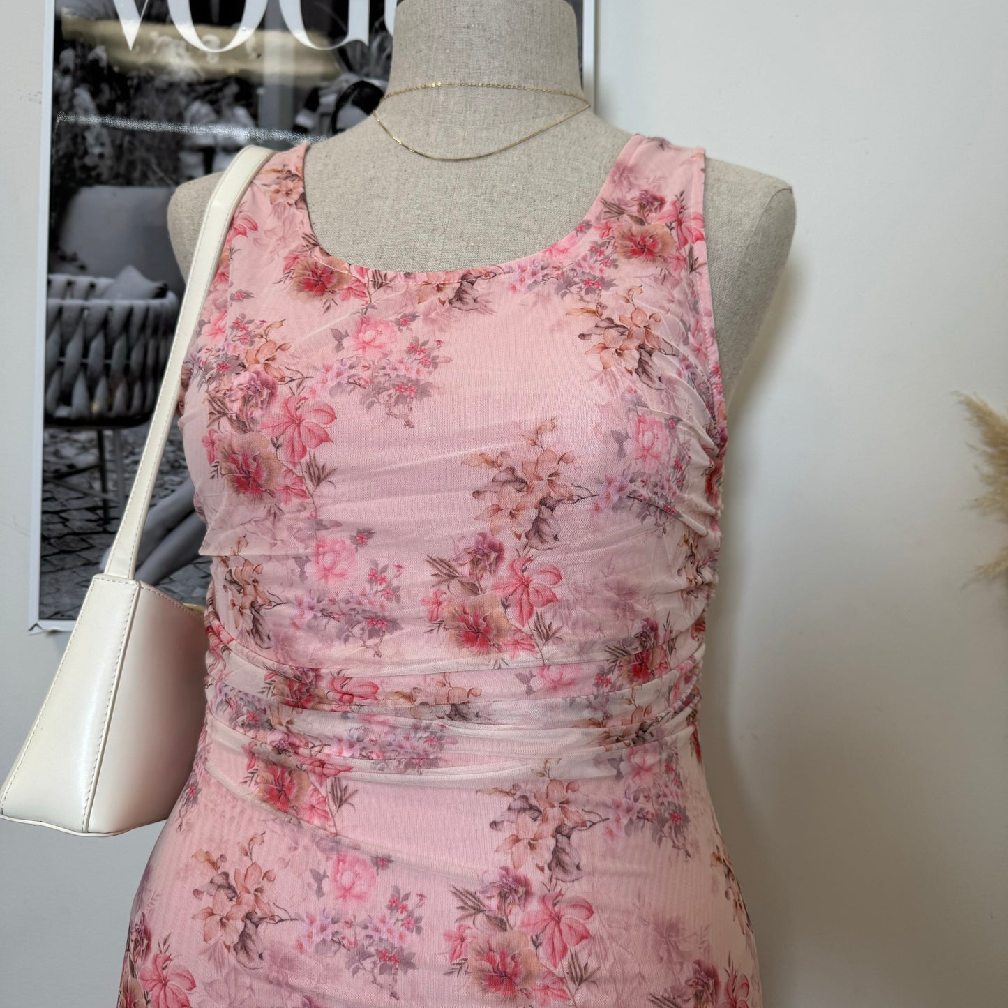 Midi Dress with Sheer Ruffle Detail PL -Pink