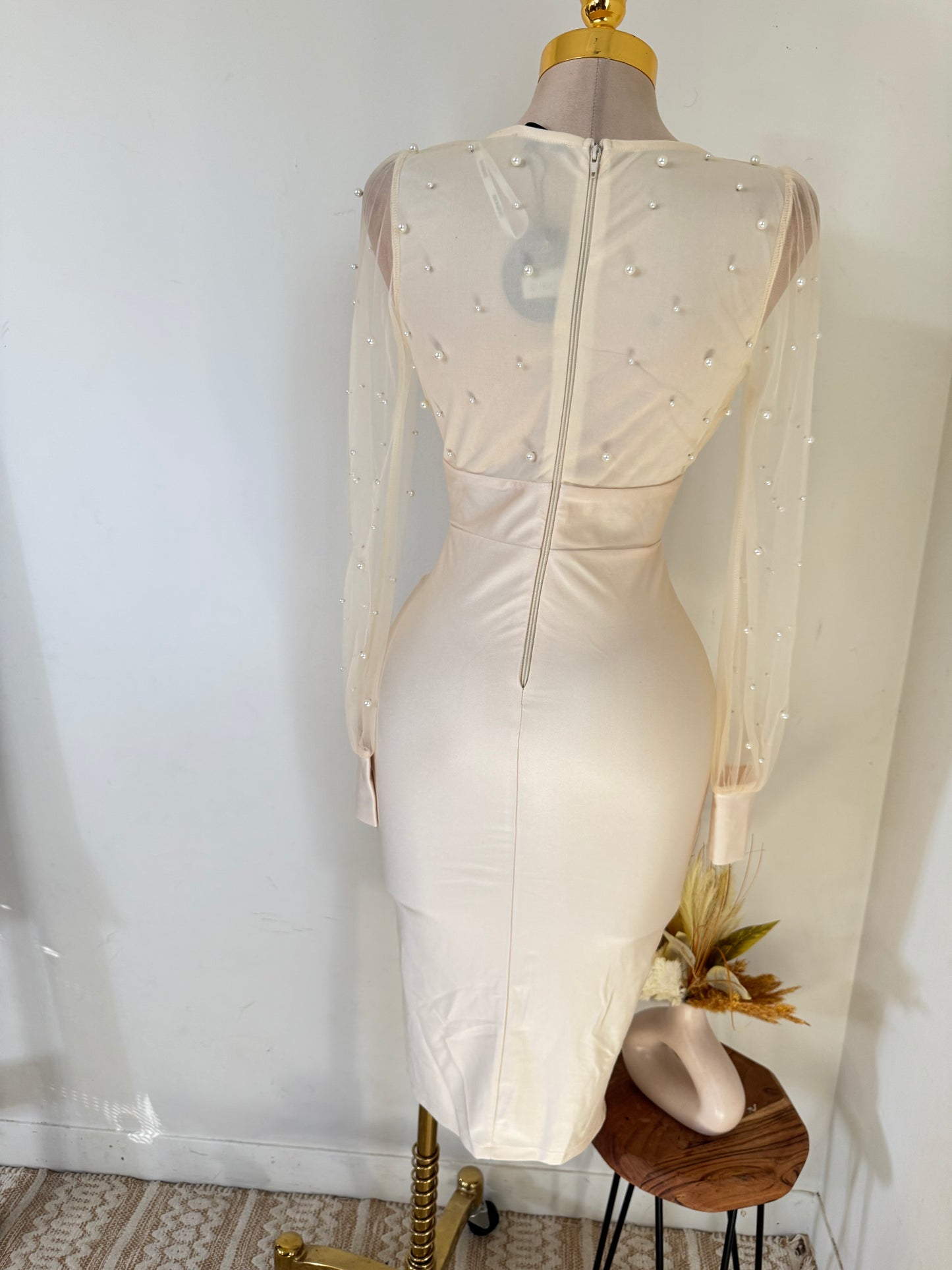 Pearl Beaded Mesh Power Satin Midi Dress-Cream
