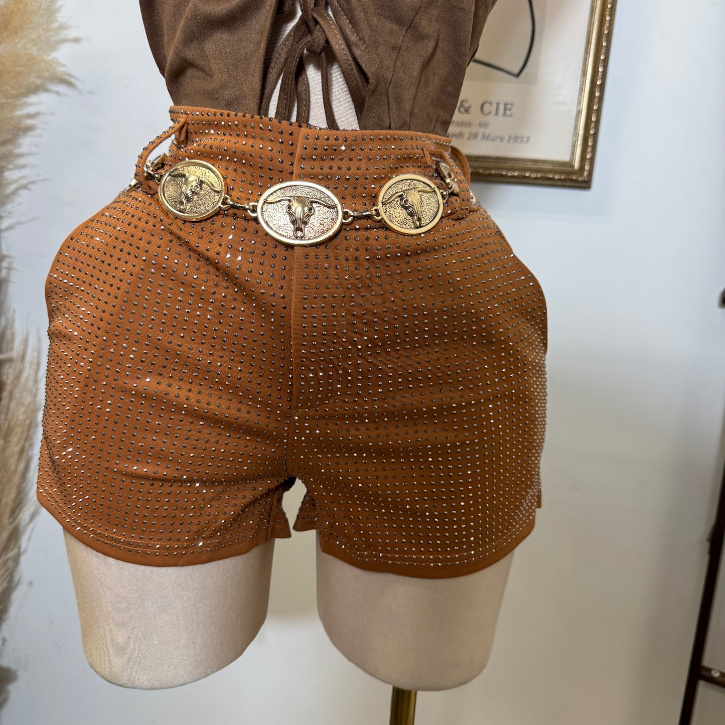Rhinestone High Waisted shorts-Brown