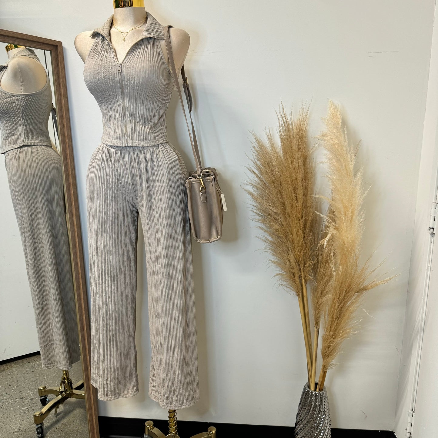 Halter Two Piece Pant Set-Taupe