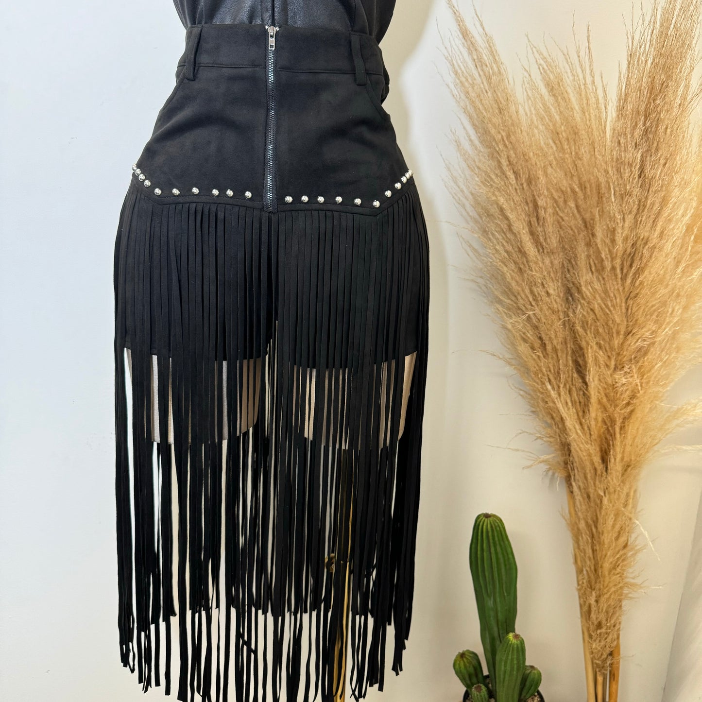 Fringe Stud Suede Shorts-Black