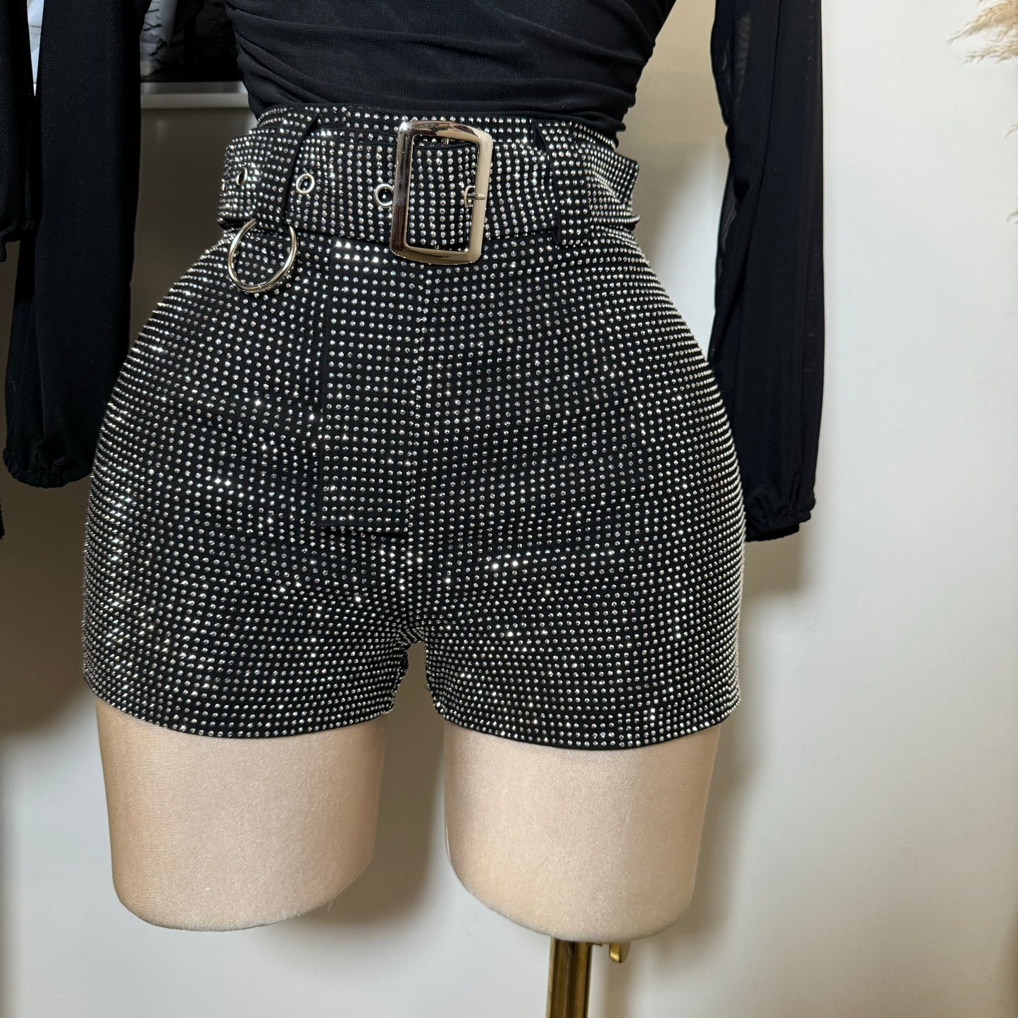 Rhinestone Black Shorts-Silver