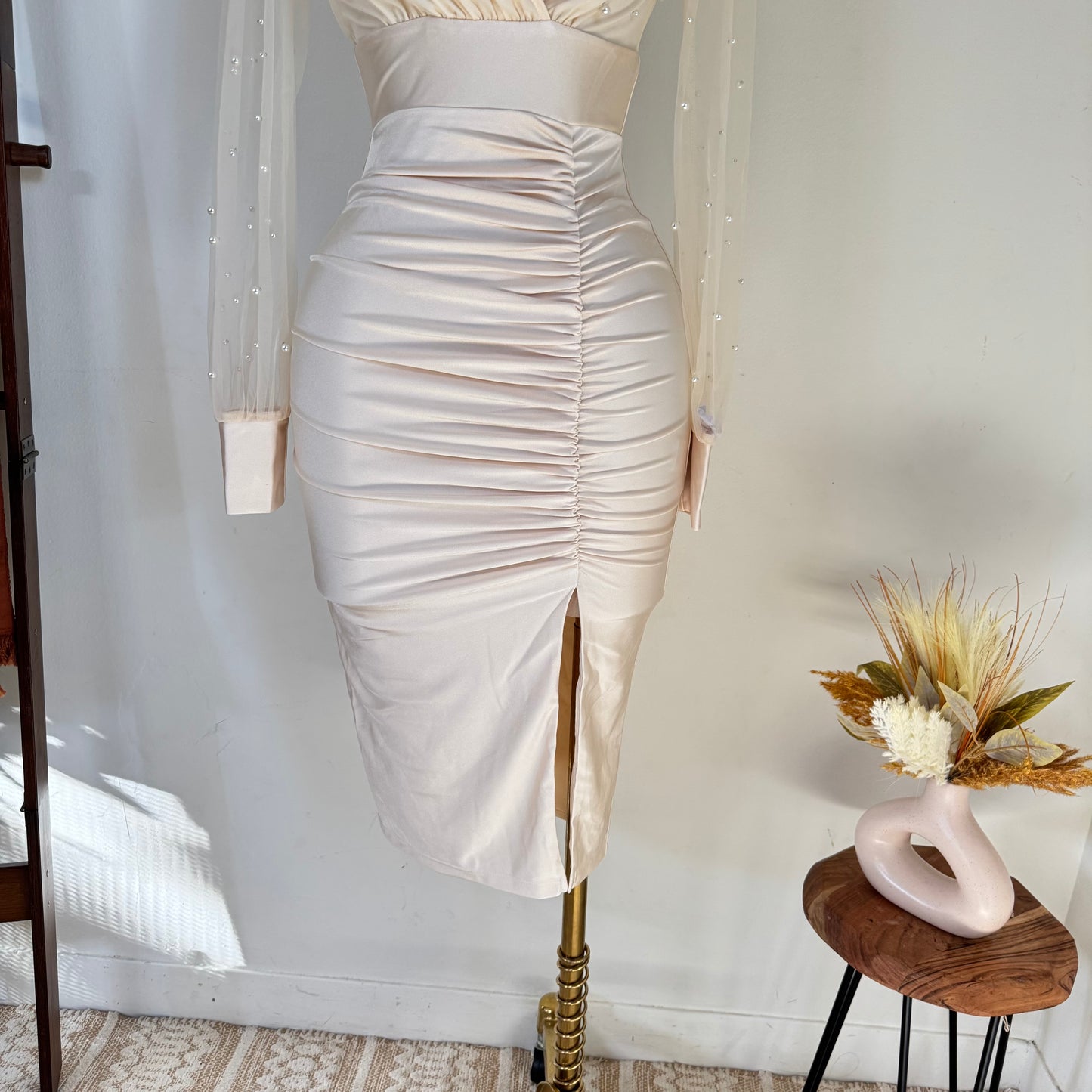 Pearl Beaded Mesh Power Satin Midi Dress-Cream