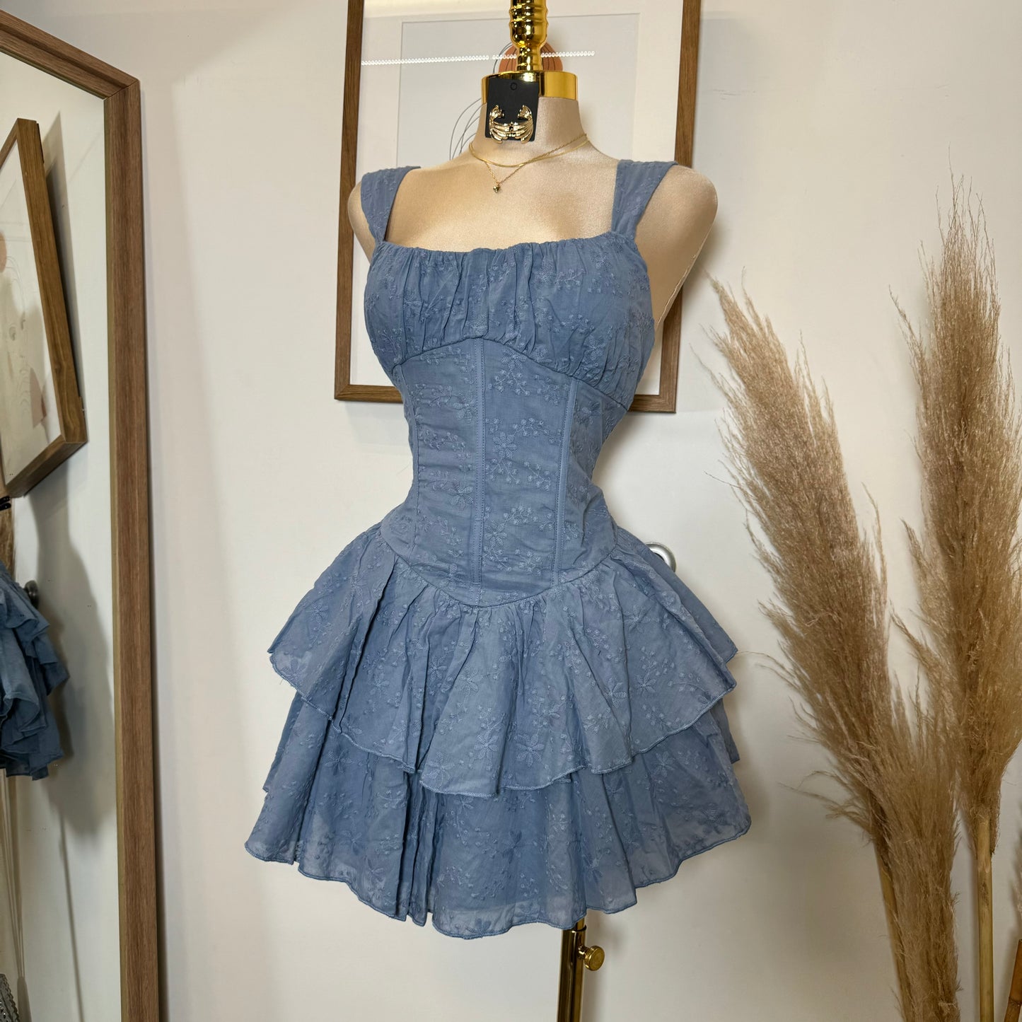 Cotton Corset Double Layer Mini Dress-Blue