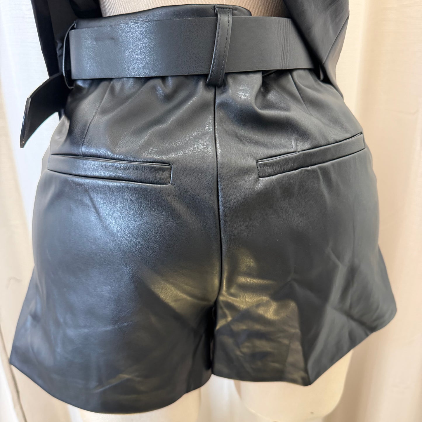 Belted Faux Leather shorts-Black
