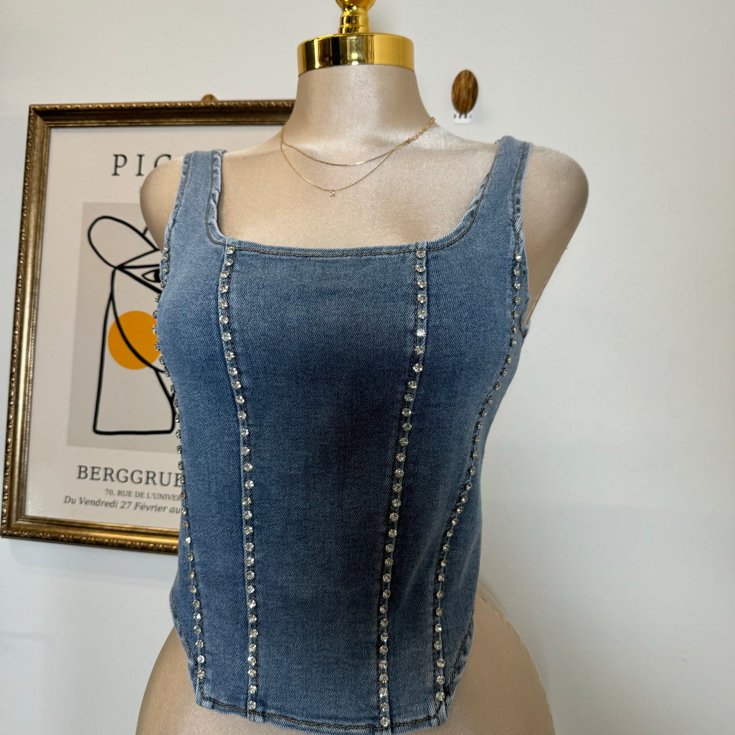 Rhinestone Denim Vest-Blue