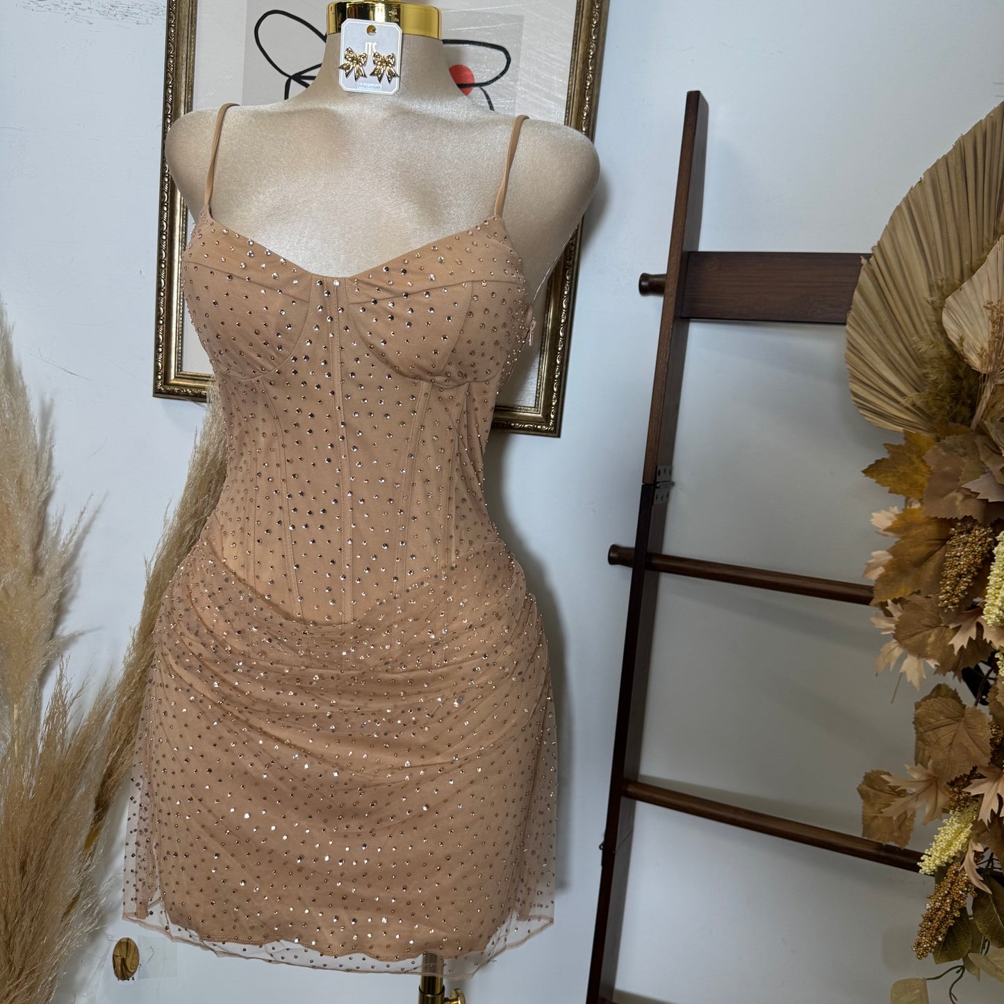 Rhinestone On Overlay Mesh Mini Dress SweetHeart Neckline Adjustable spaghetti Shoulder-Gold