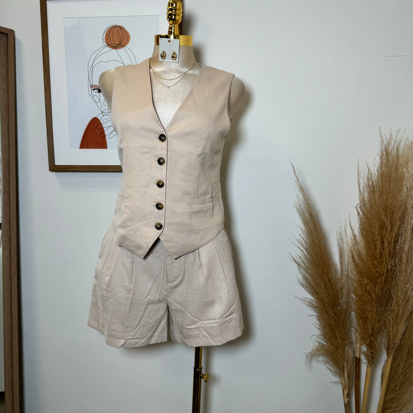 Vamonos Linen Short Vest Set-Khaki