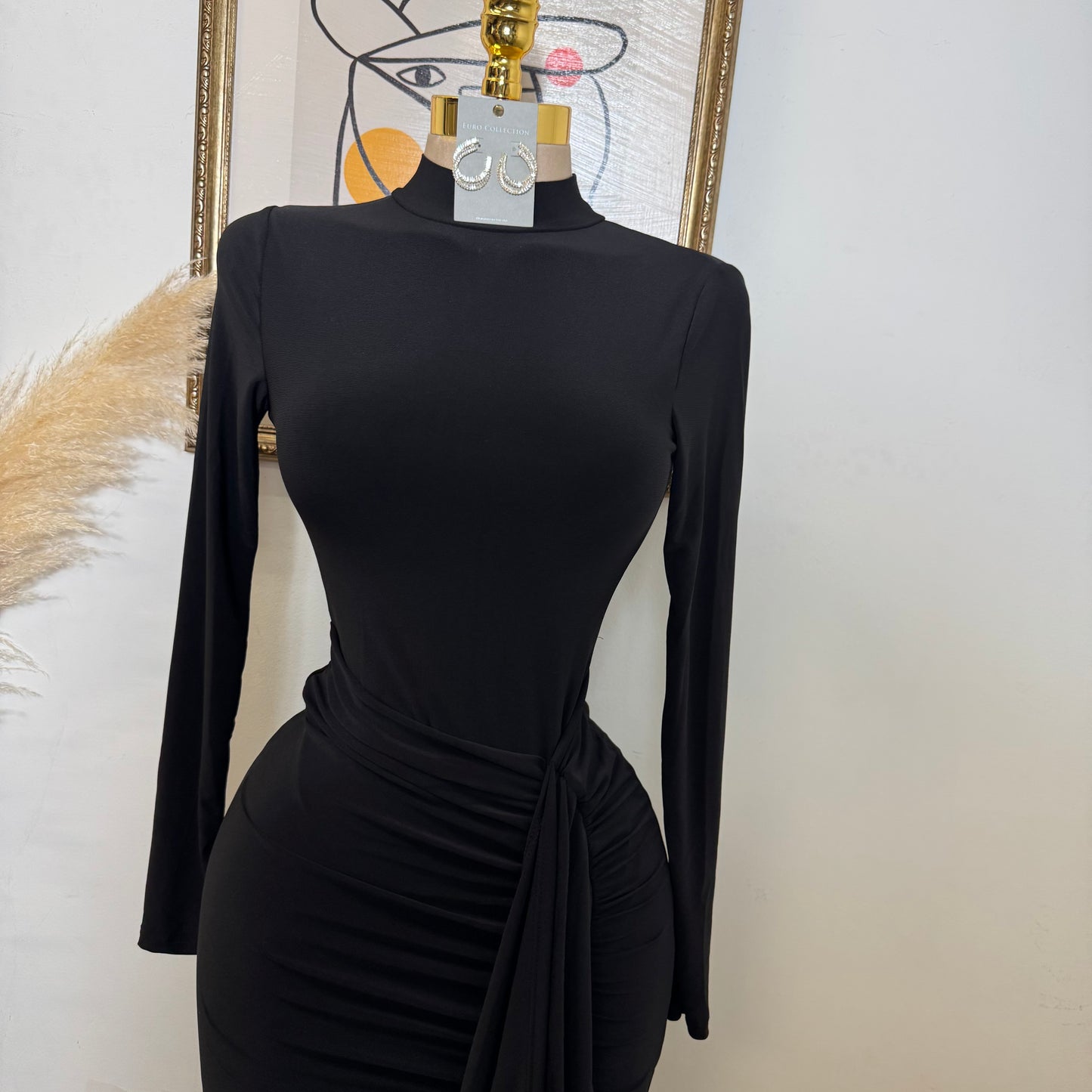 Mock Neck Ruffle Midi Dress-Black