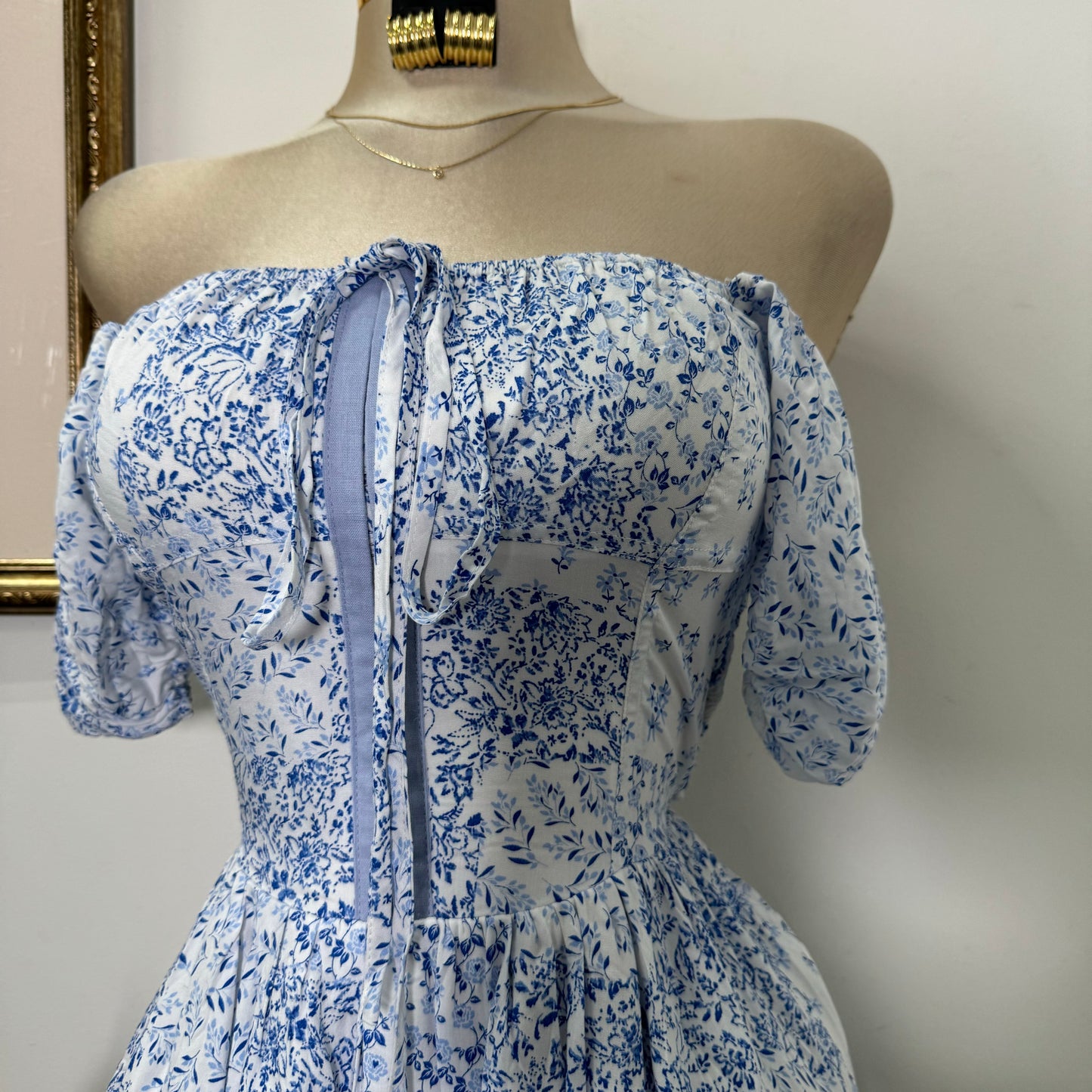 Square Neck Floral Corset Dress-Blue