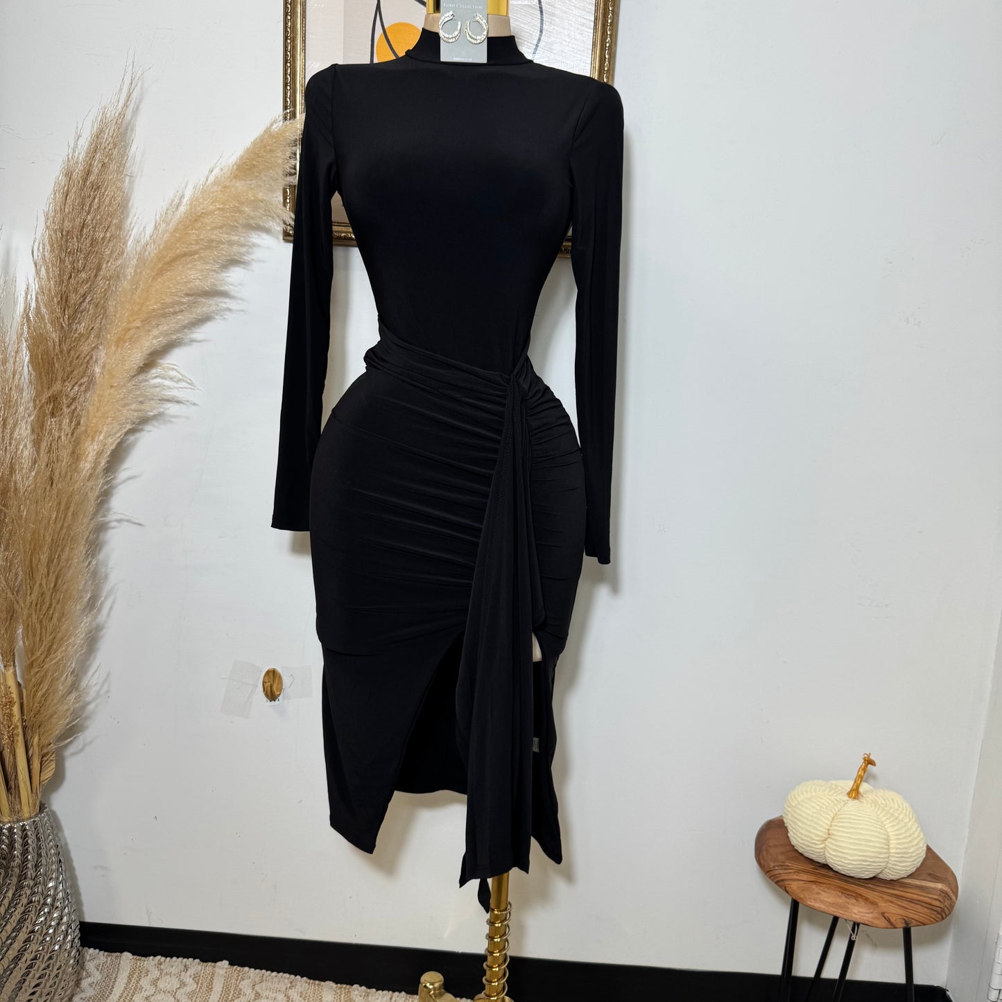 Mock Neck Ruffle Midi Dress-Black