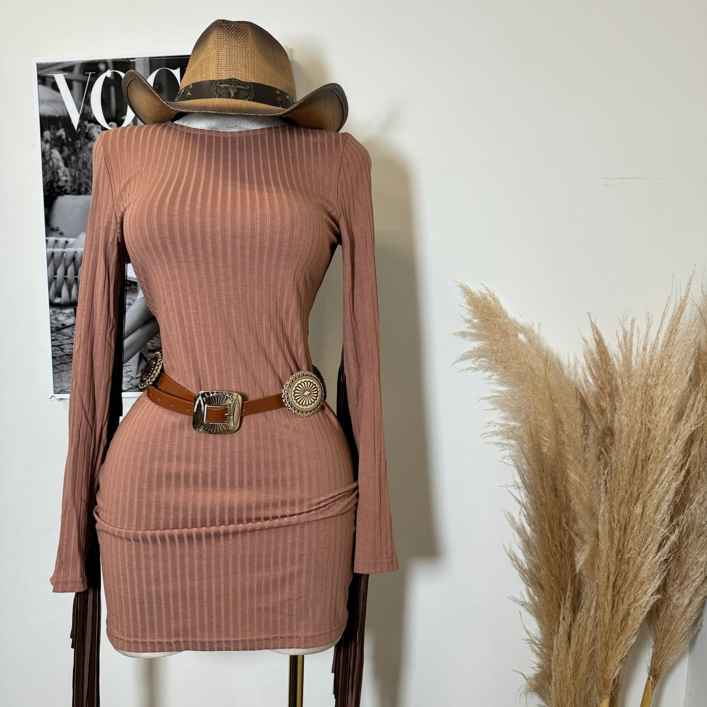 Fringe Rib Bodycon Dress-Brown
