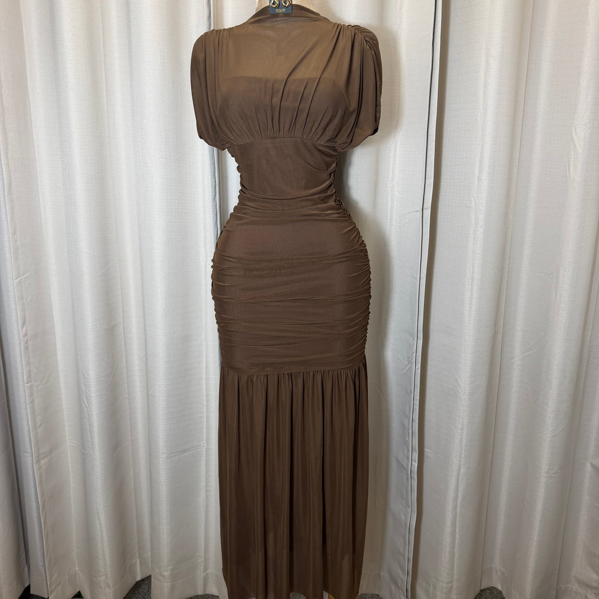 Mesh & Knit Mix Long Dress-Brown